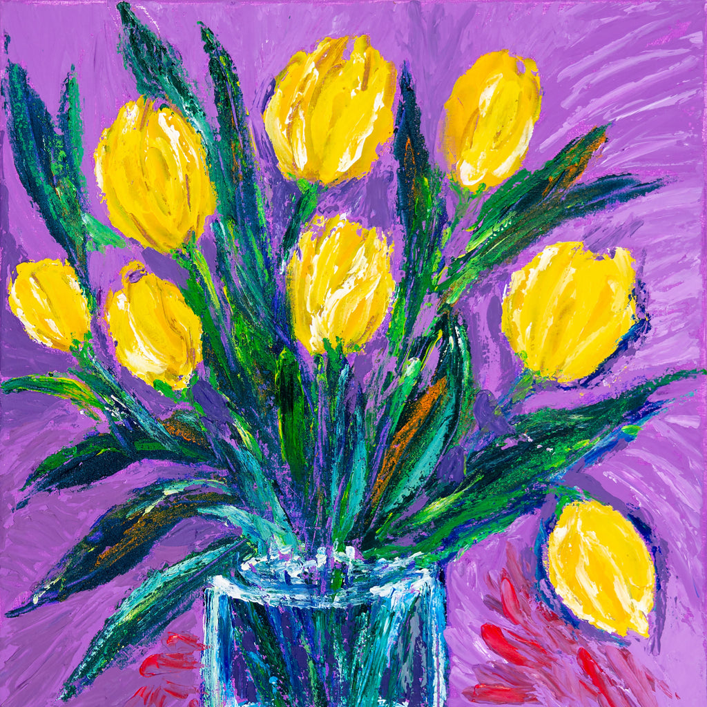 Sunlit Blooms Mug – Ceramic Mug with Yellow Tulips in a Clear Vase Artwork