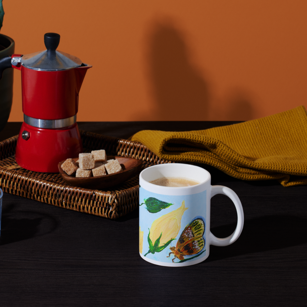 Yellow Roses & Butterfly Mug – Floral Garden Ceramic Coffee Mug
