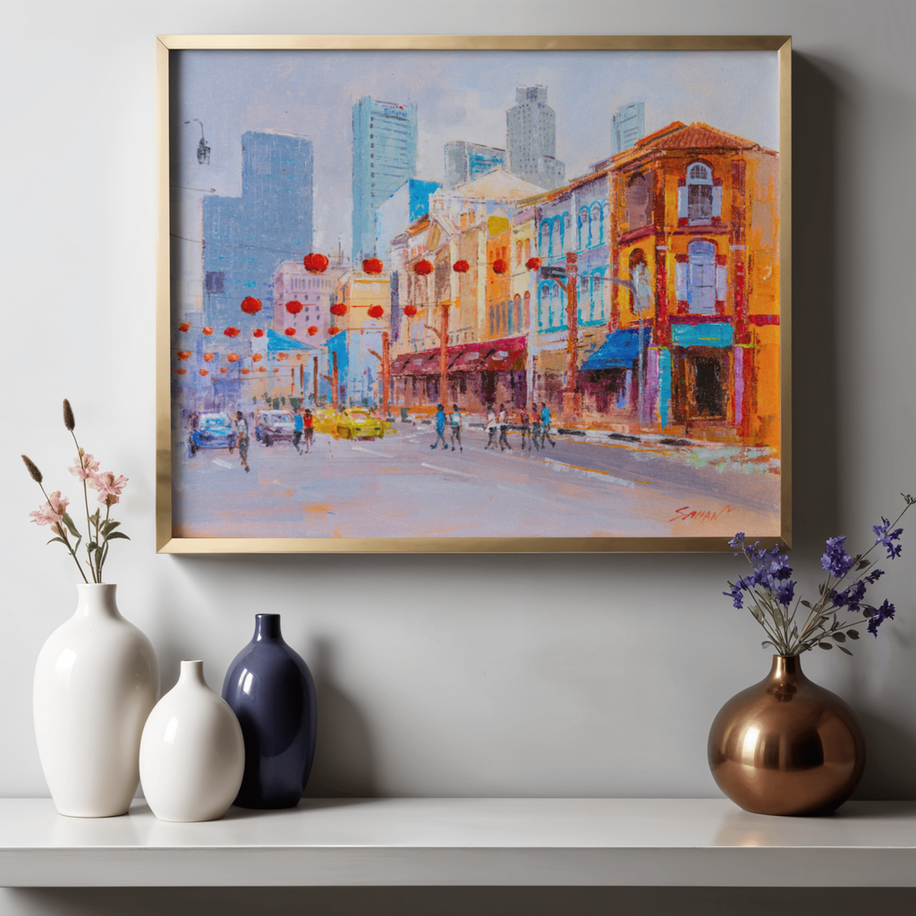 Singapore Chinatown Street Scene Canvas Print – A3 Cultural Landscape Wall Art