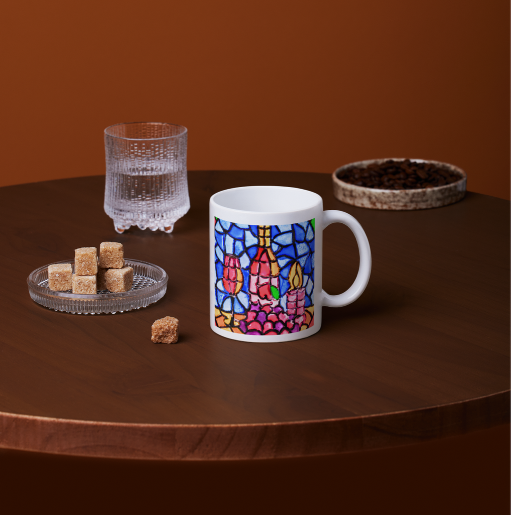 Stained Glass Wine & Candlelight Mug – Elegant Mosaic Ceramic Coffee Mug