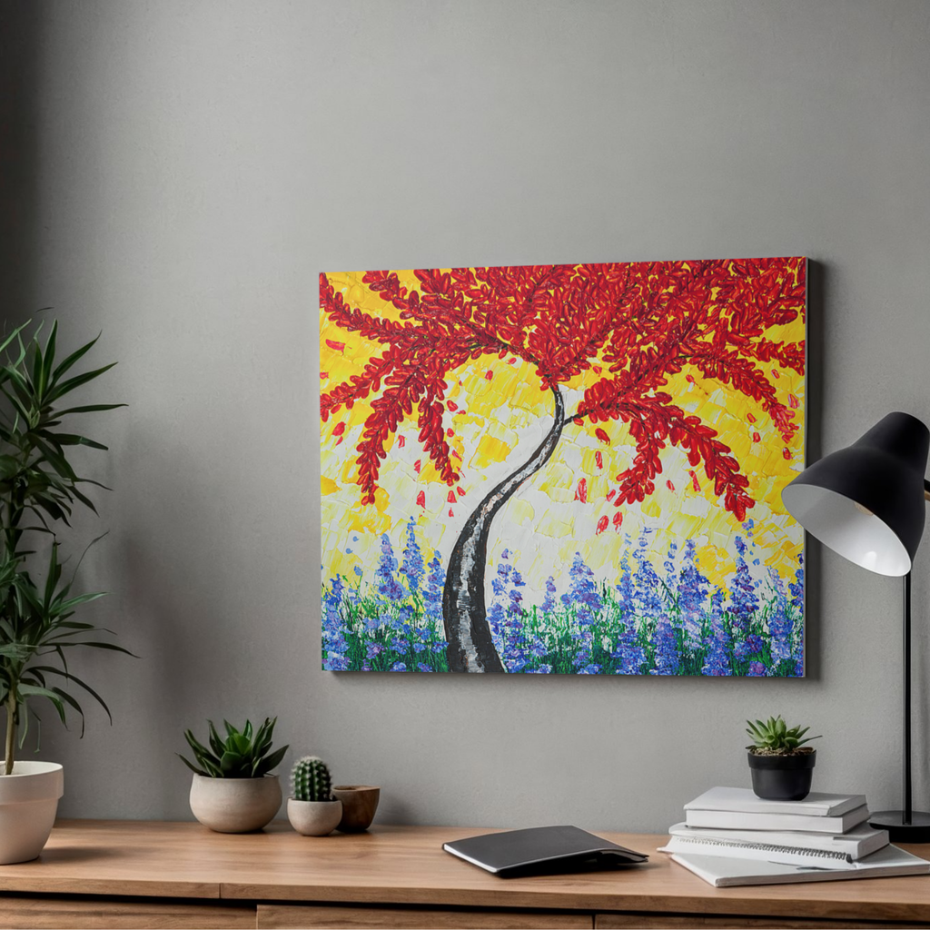 Crimson Tree Canvas Print – A3 Bold Red Floral Wall Art