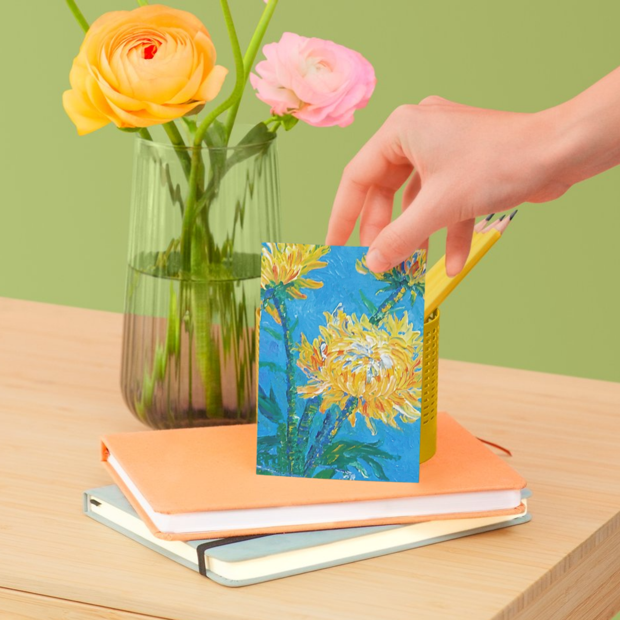 Golden Chrysanthemums in Bloom — Original Acrylic Painting Card | Floral Art Gift