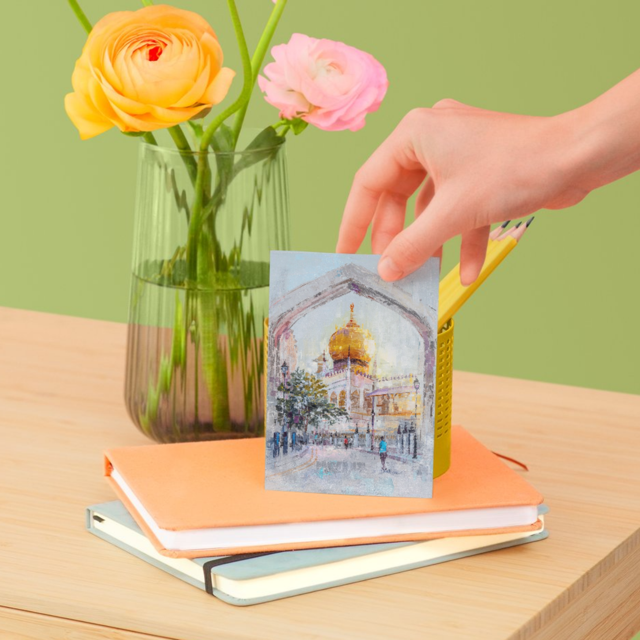 Golden Mosque Singapore Landscape Card – Curated Acrylic Painting Design