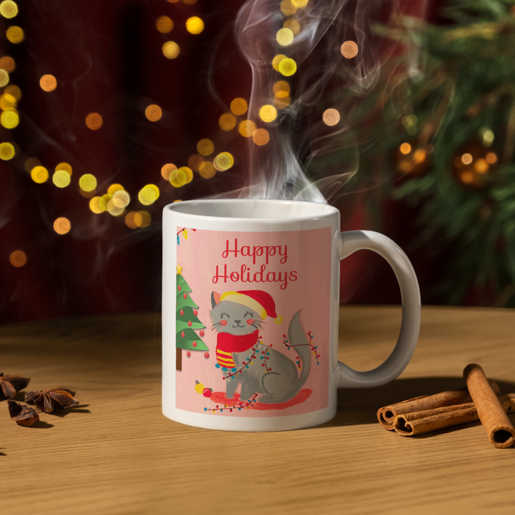 Grey Cat & Fairy Lights Mug – Happy Holidays Cat Ceramic Coffee Mug