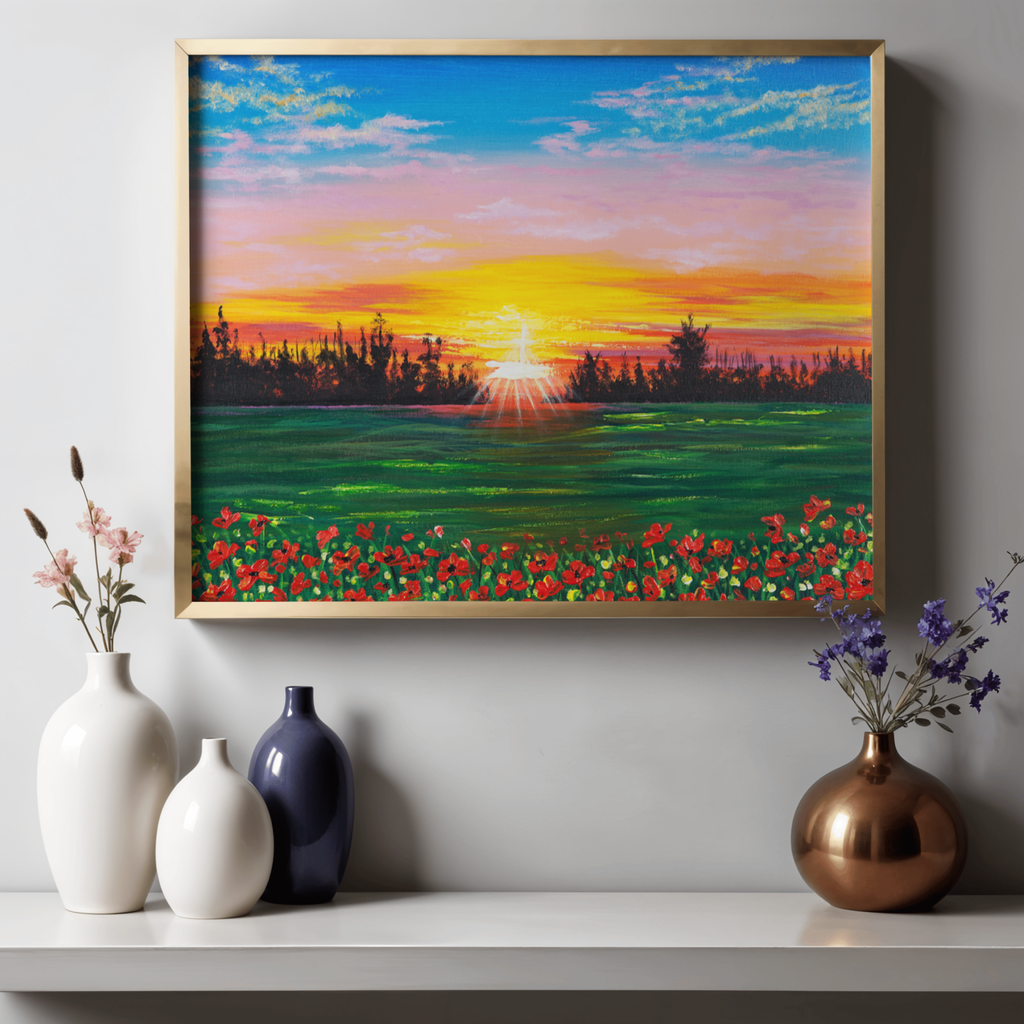 Sunset Field Canvas Print – A3 Romantic Landscape Wall Art