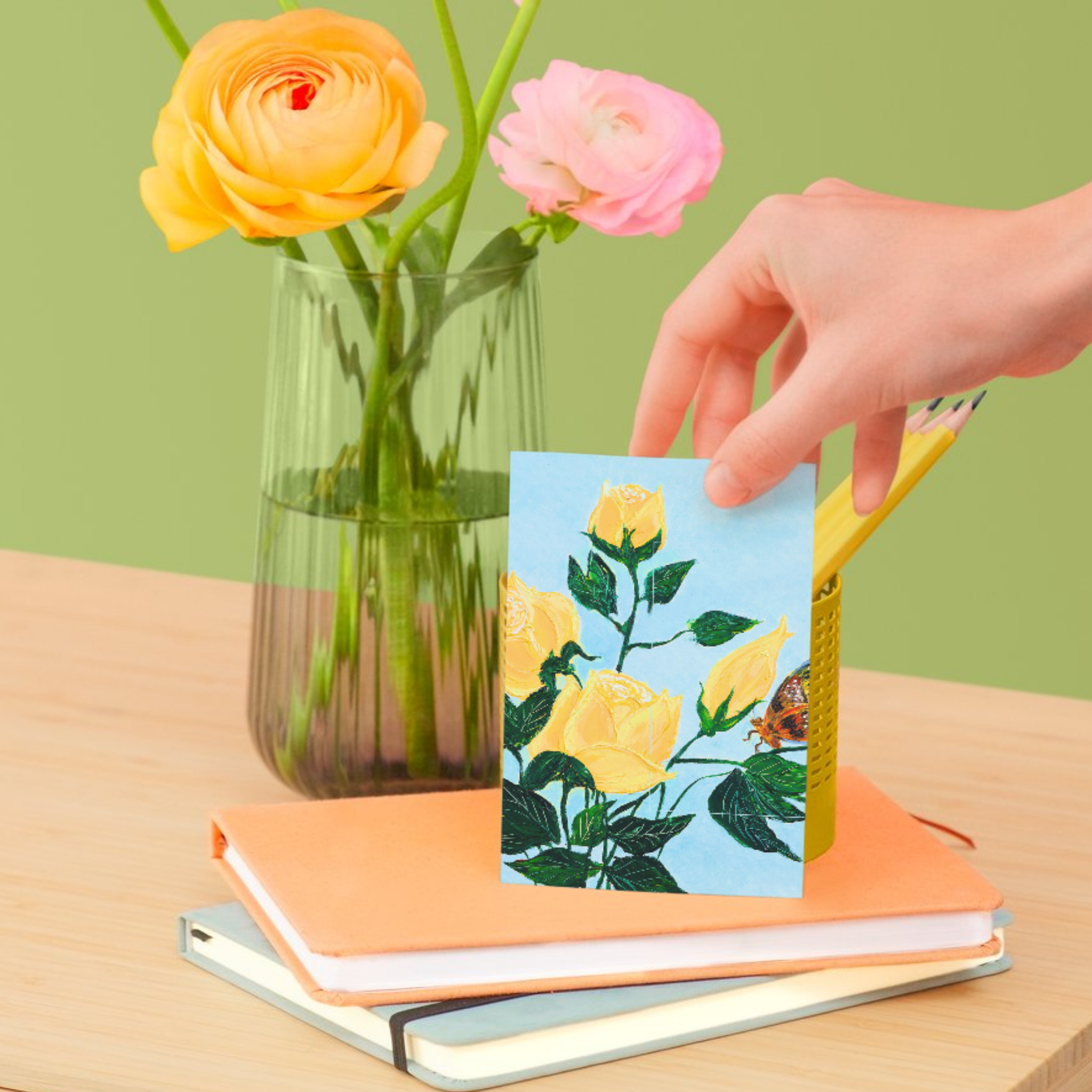 Yellow Roses & Butterfly Floral Card – Acrylic Painting Design
