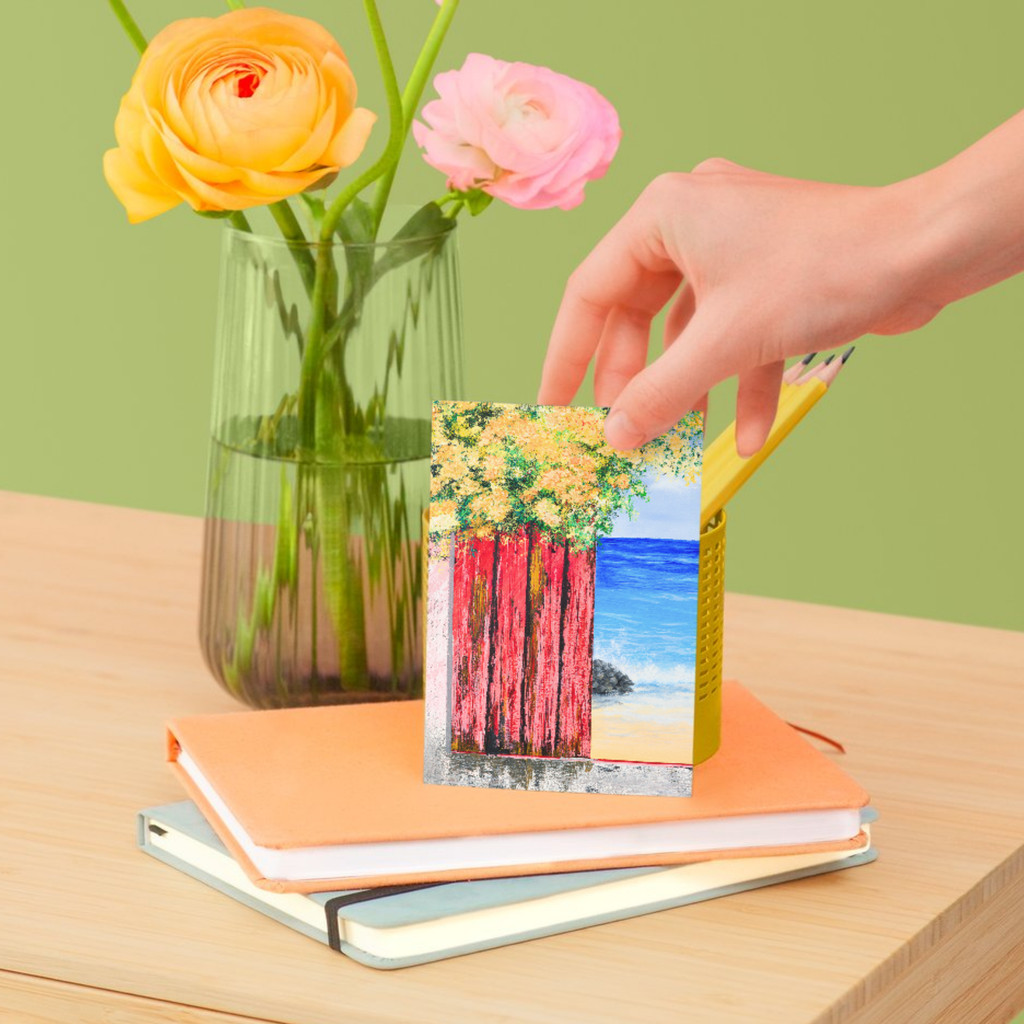 Ocean View with Blossoms Landscape Card – Acrylic Painting Design
