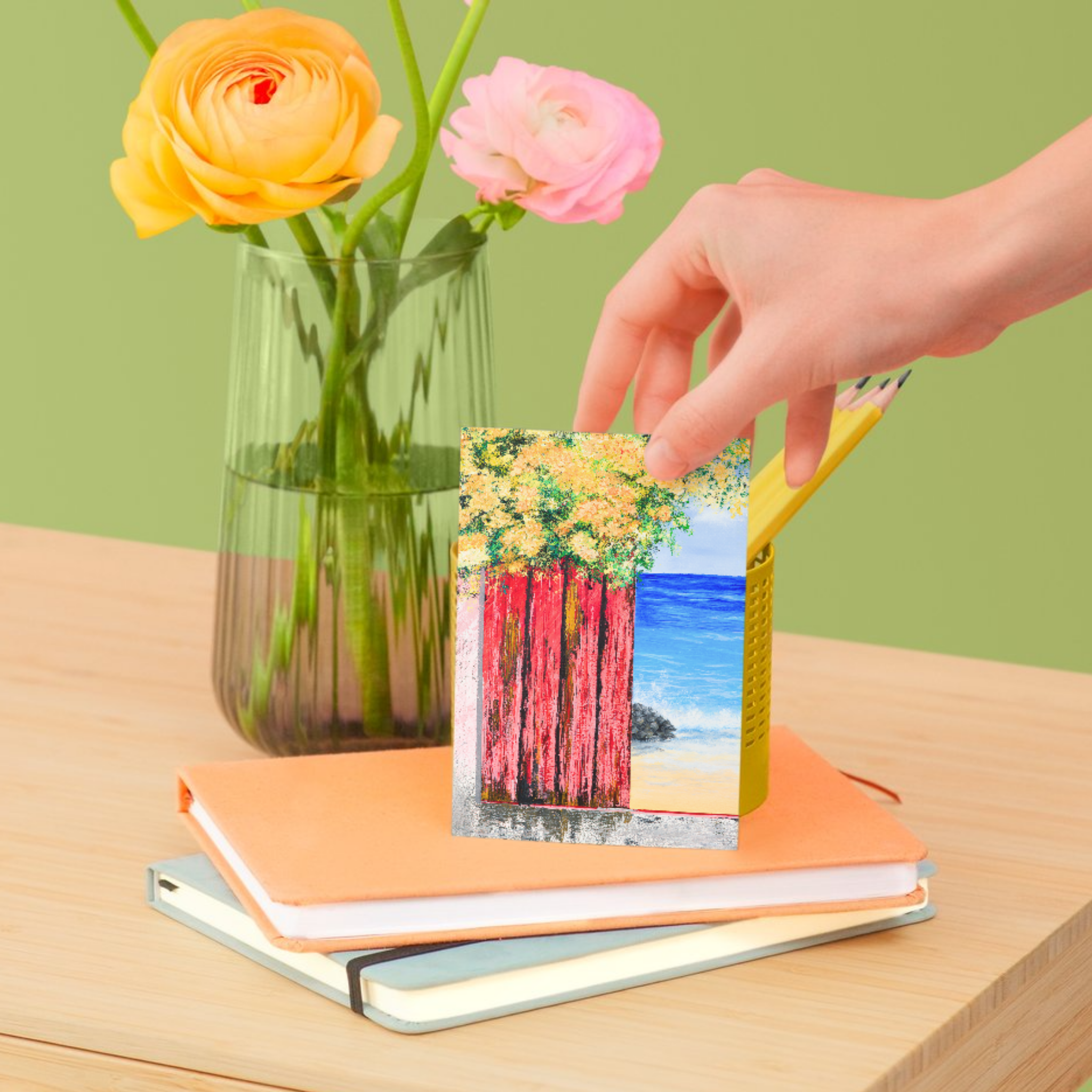 Ocean View with Blossoms Landscape Card – Acrylic Painting Design