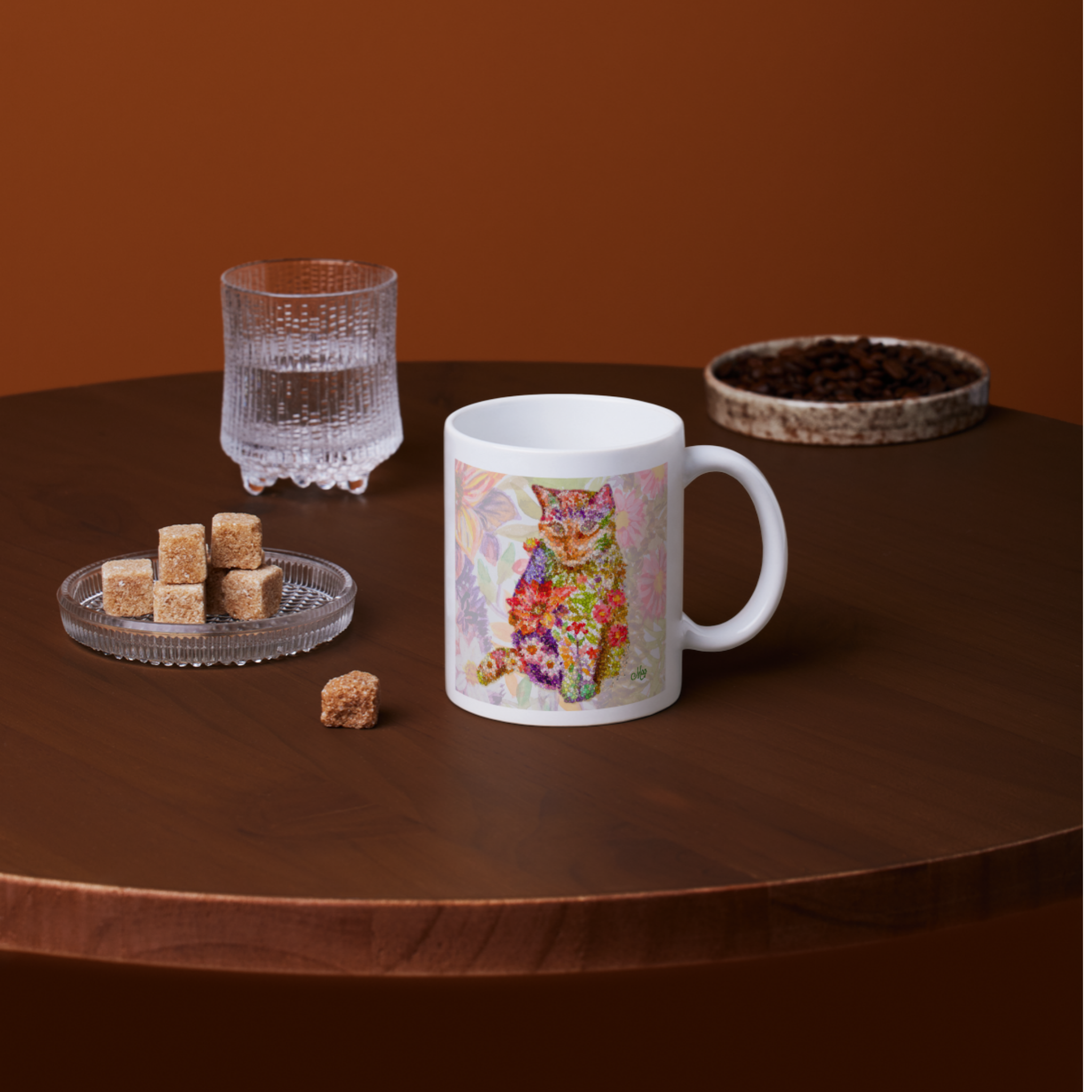 Floral Pointillism Cat Mug – Vibrant Colorful Cat Ceramic Coffee Mug