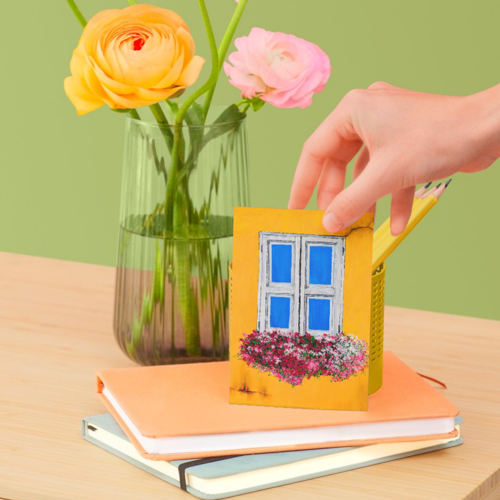 Rustic Window & Flower Box Landscape Card – Acrylic Painting Design