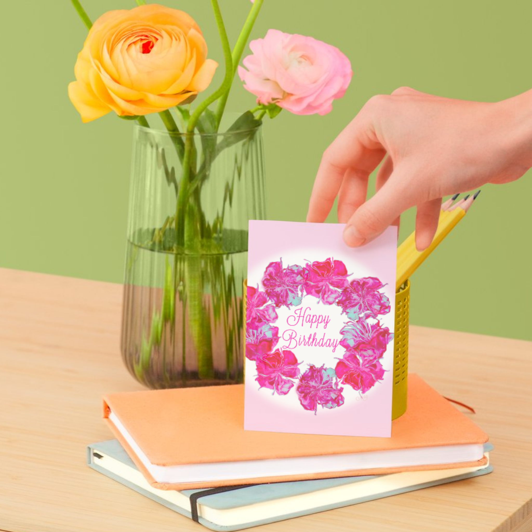 Acrylic Flow Card – Happy Birthday Greeting Card with Floral Ring & Soft Pink Background