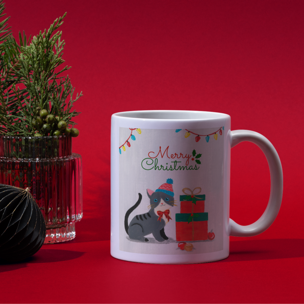 Kitten in Bobble Hat Mug – Merry Christmas Cat Ceramic Coffee Mug