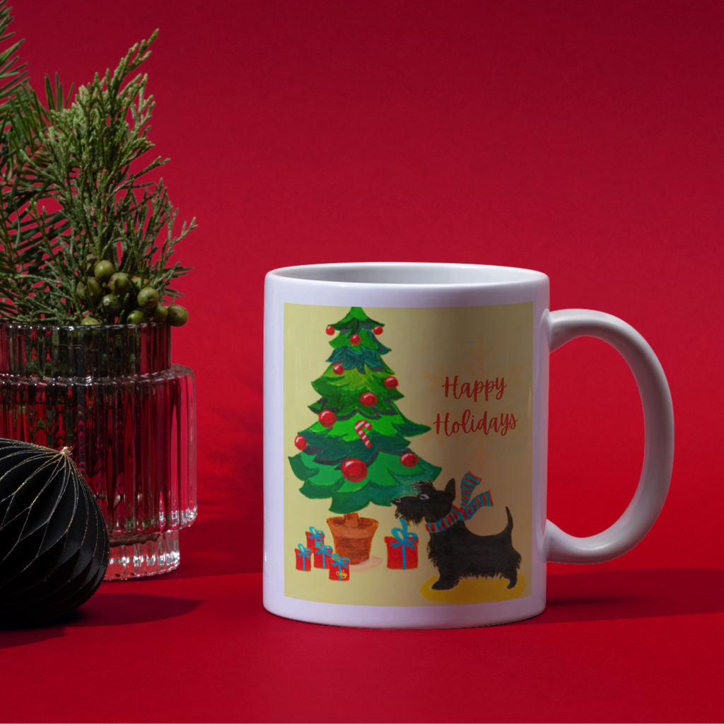 Scottie Dog & Christmas Tree Mug – Happy Holidays Dog Ceramic Coffee Mug