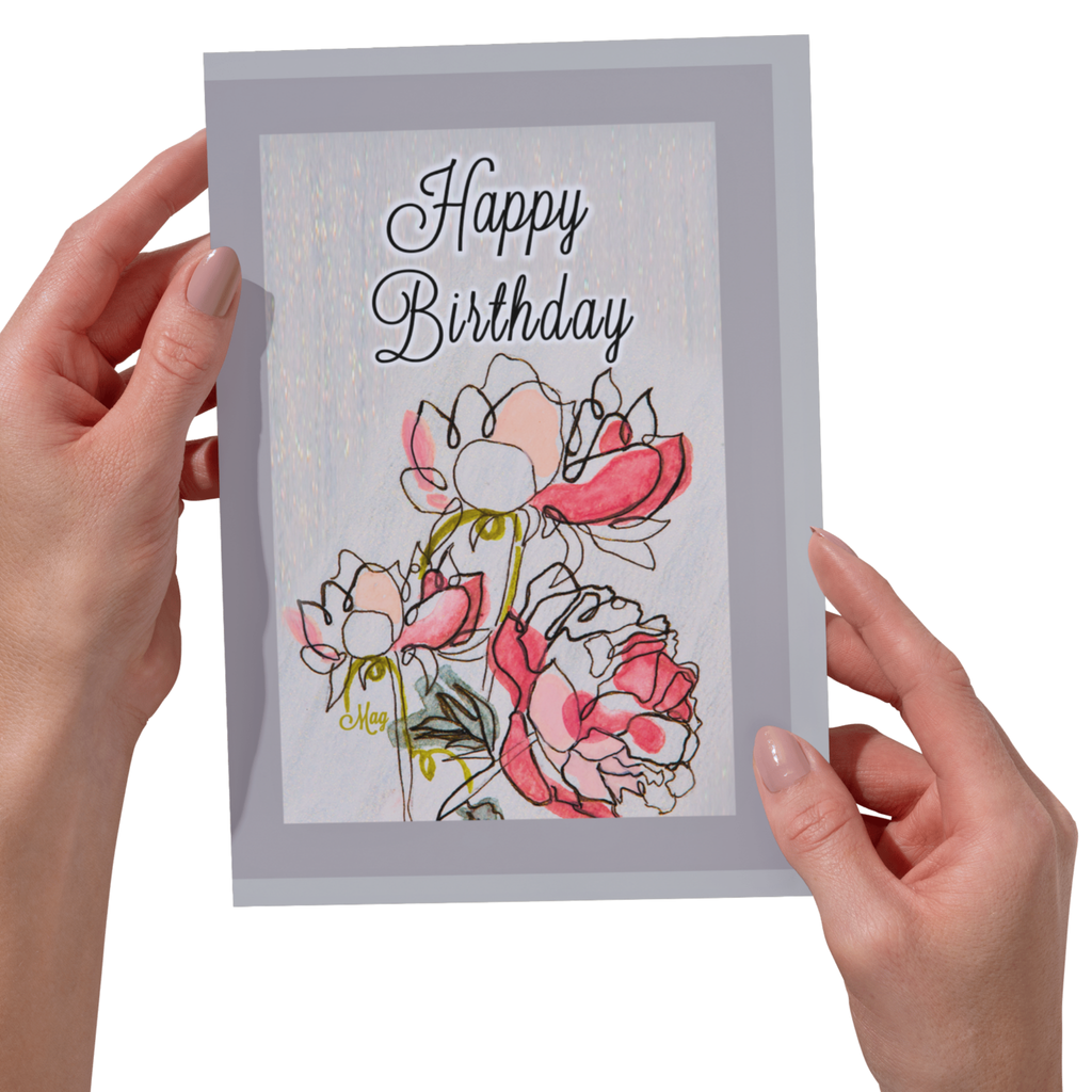 Happy Birthday Greeting Card with Line & Wash Floral Illustration