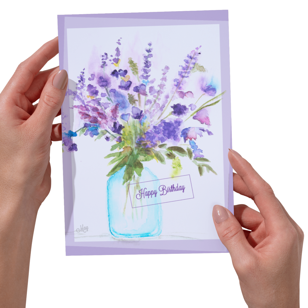 Mason Jar Blooms Card – Happy Birthday Greeting Card with Watercolor Florals & Purple Border