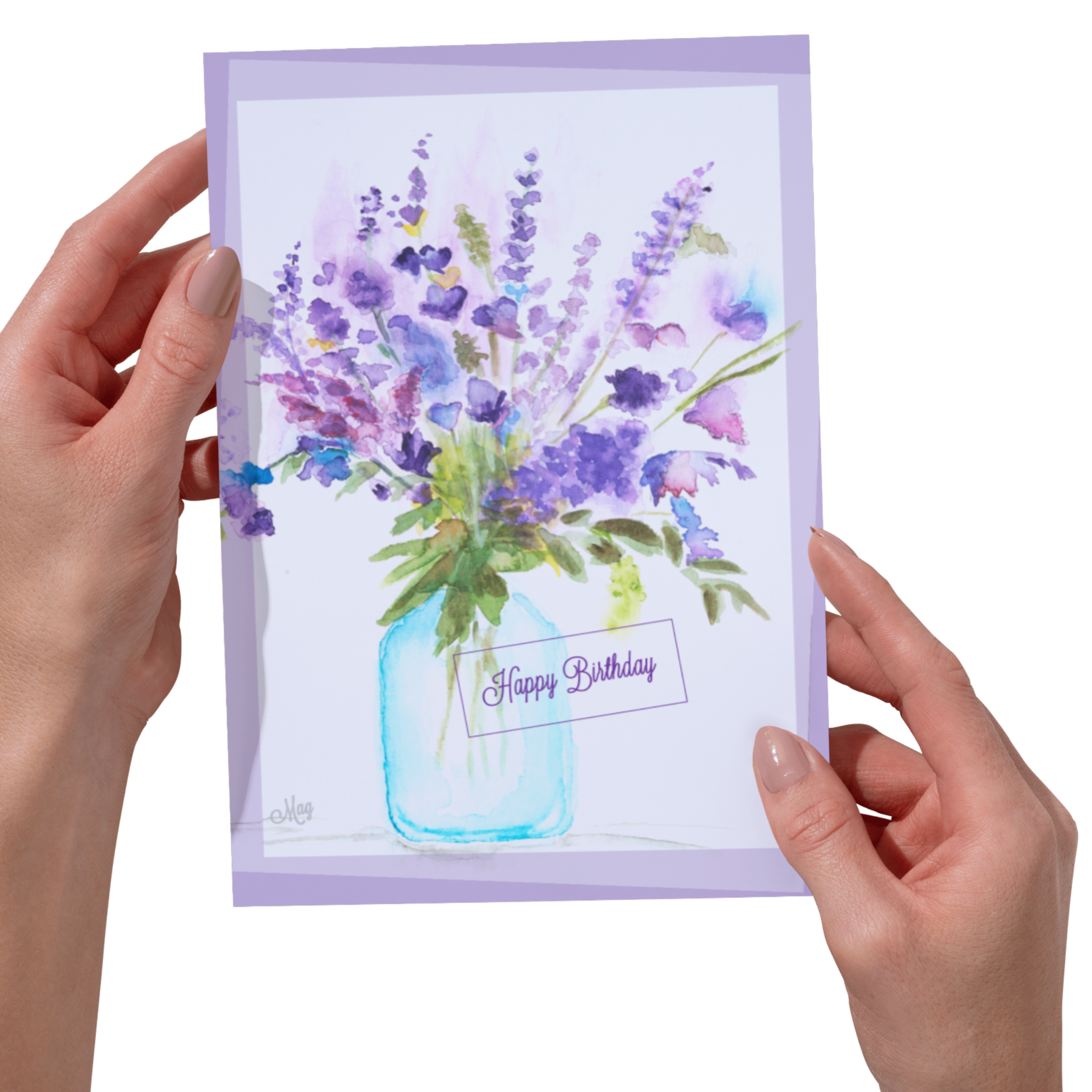 Mason Jar Blooms Card – Happy Birthday Greeting Card with Watercolor Florals & Purple Border