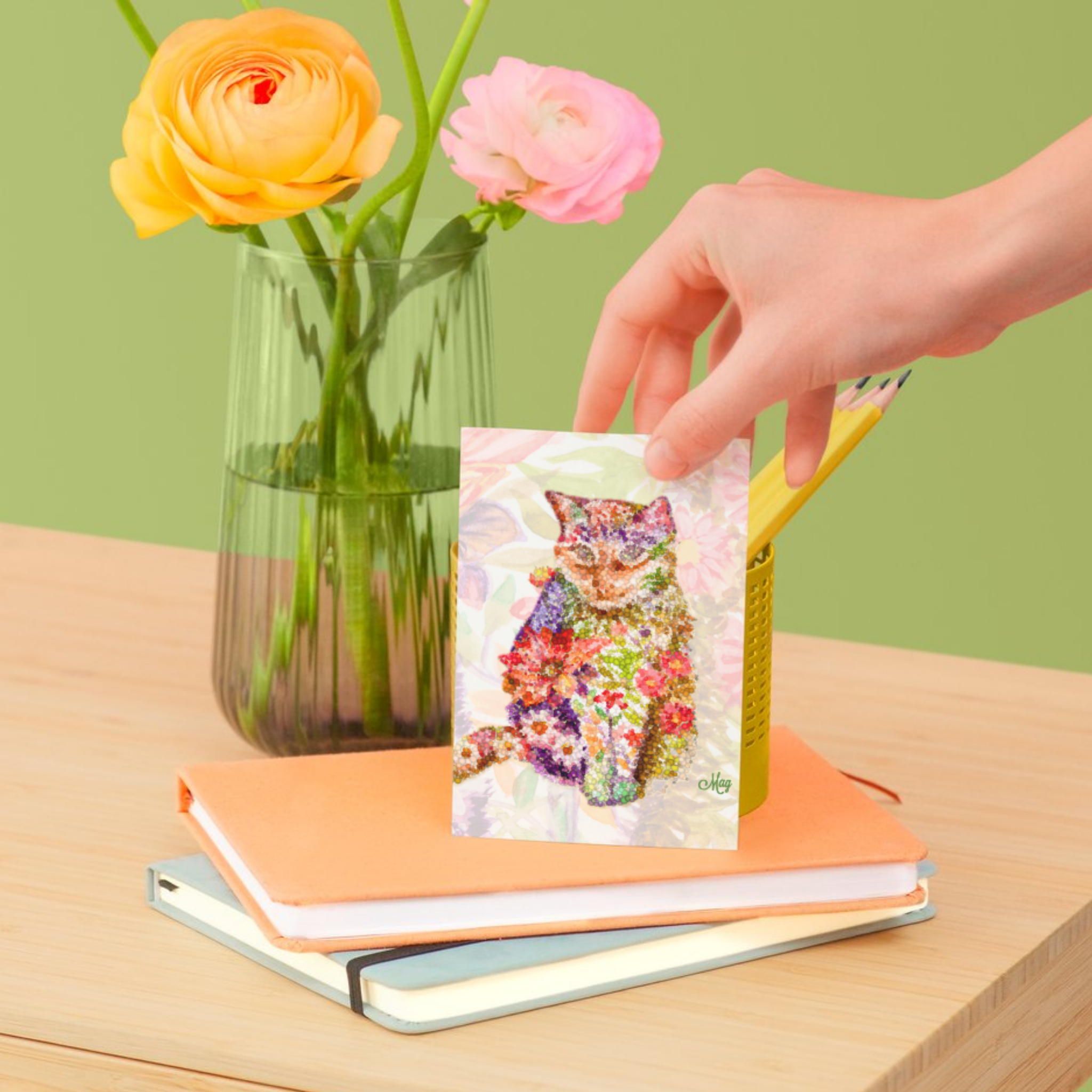 Original Floral Pointillism Inspired Cat Art Card – Vibrant Color