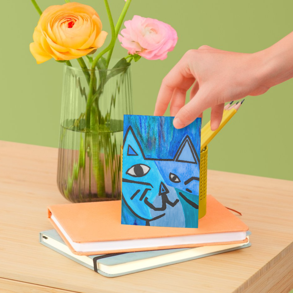 Picasso‑Inspired Acrylic Cat Art Card – Bold Blue Expression