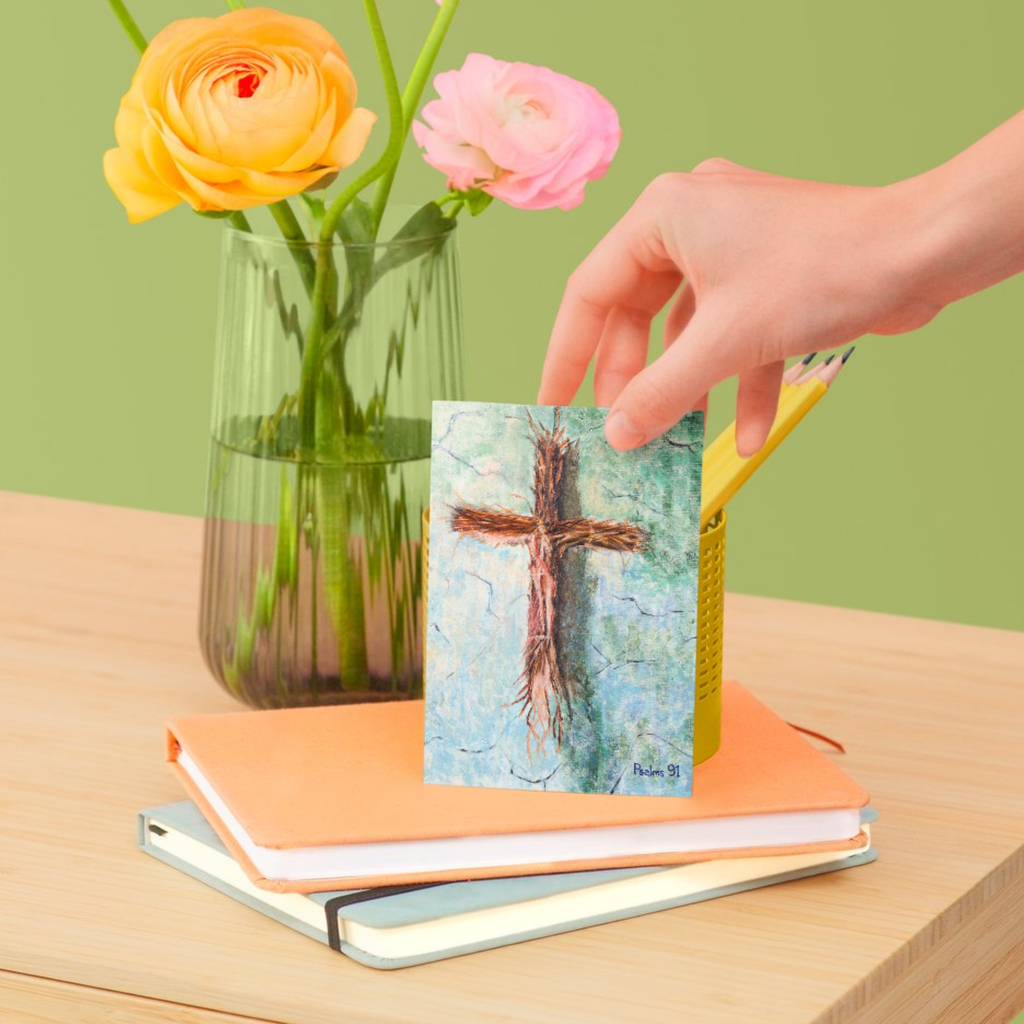 Original Acrylic Rooted Cross Art Card – Psalms 91