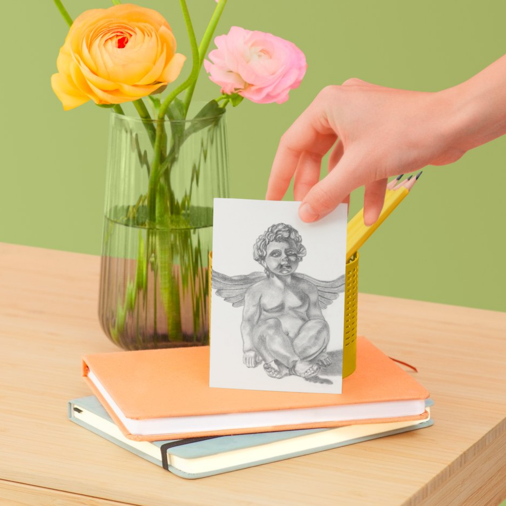 Winged Cherub Angel – Classical Charcoal Drawing Art Greeting Card