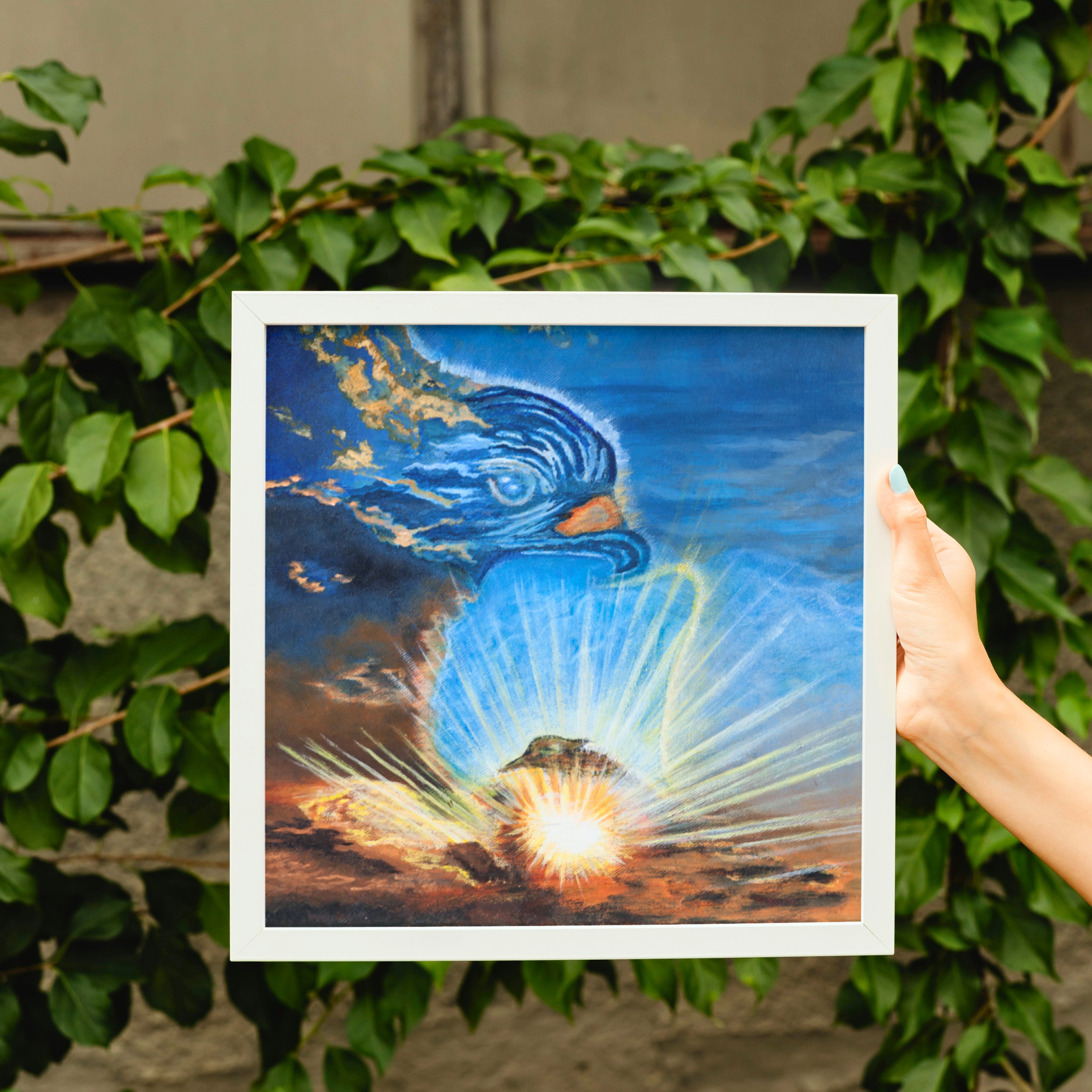 Sky Spirit – Dual-Orientation Abstract Canvas with Bird Cloud & Radiant Light