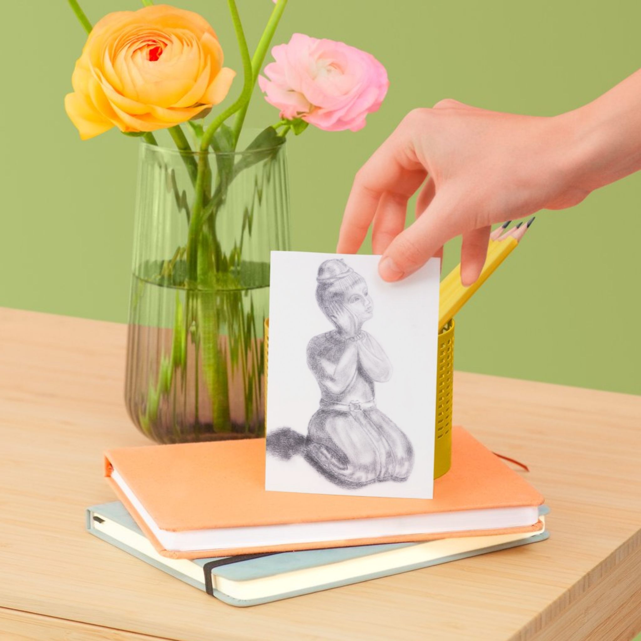 Thai Inspired Figurine – Charcoal Art Greeting Card (Original Drawing)