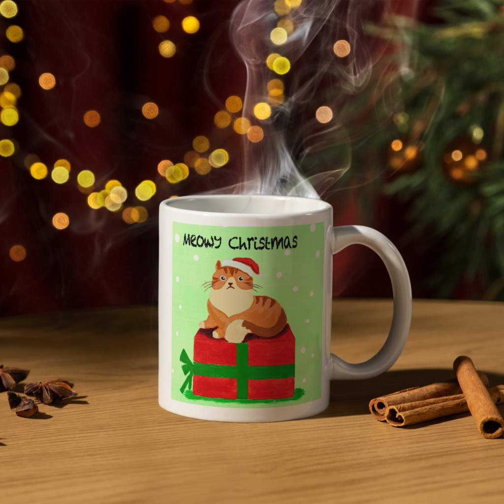 Santa Cat on Gift Box Mug – Meowy Christmas Cat Ceramic Coffee Mug