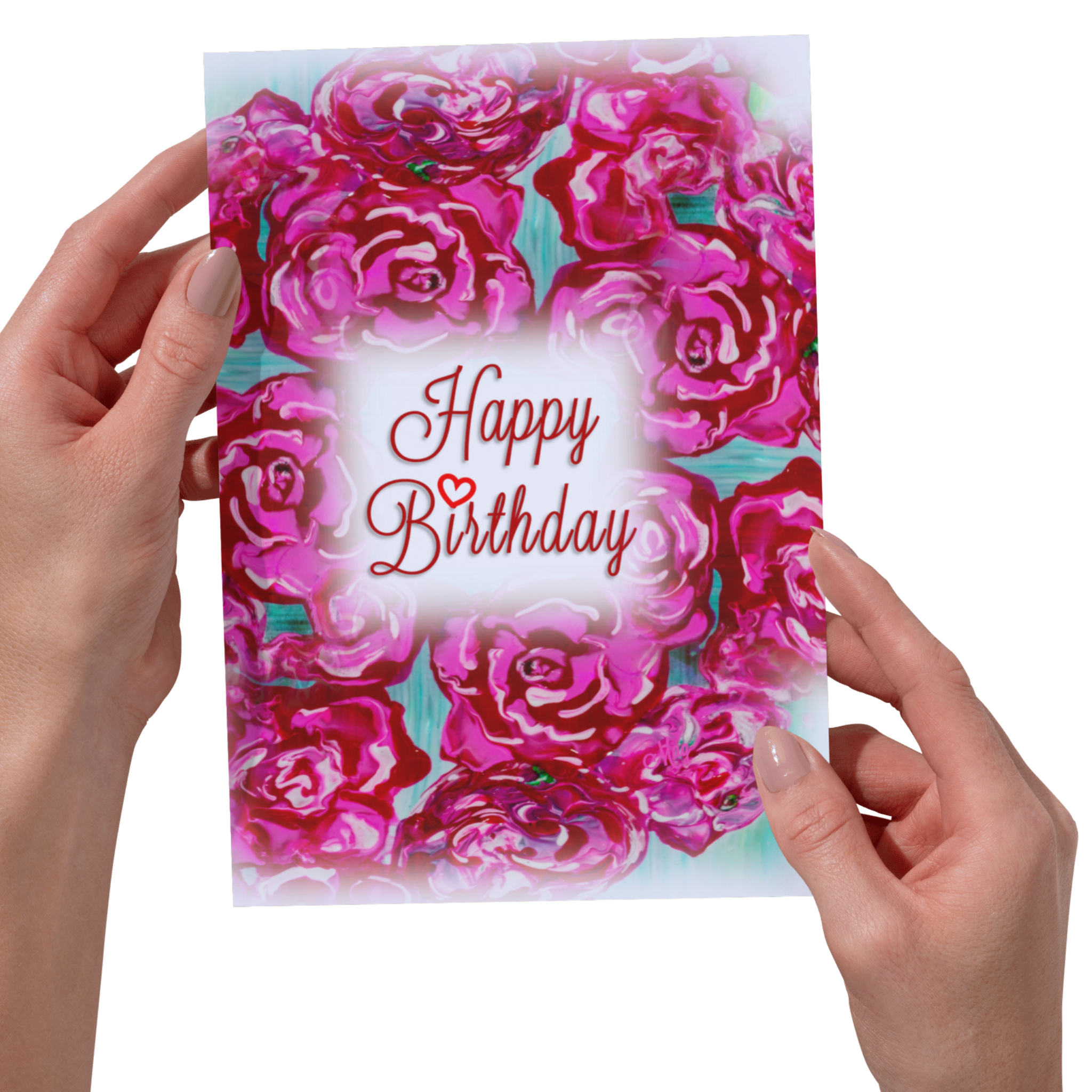 Acrylic Flow Card – Happy Birthday Greeting Card with Pink Roses & Heart Accent