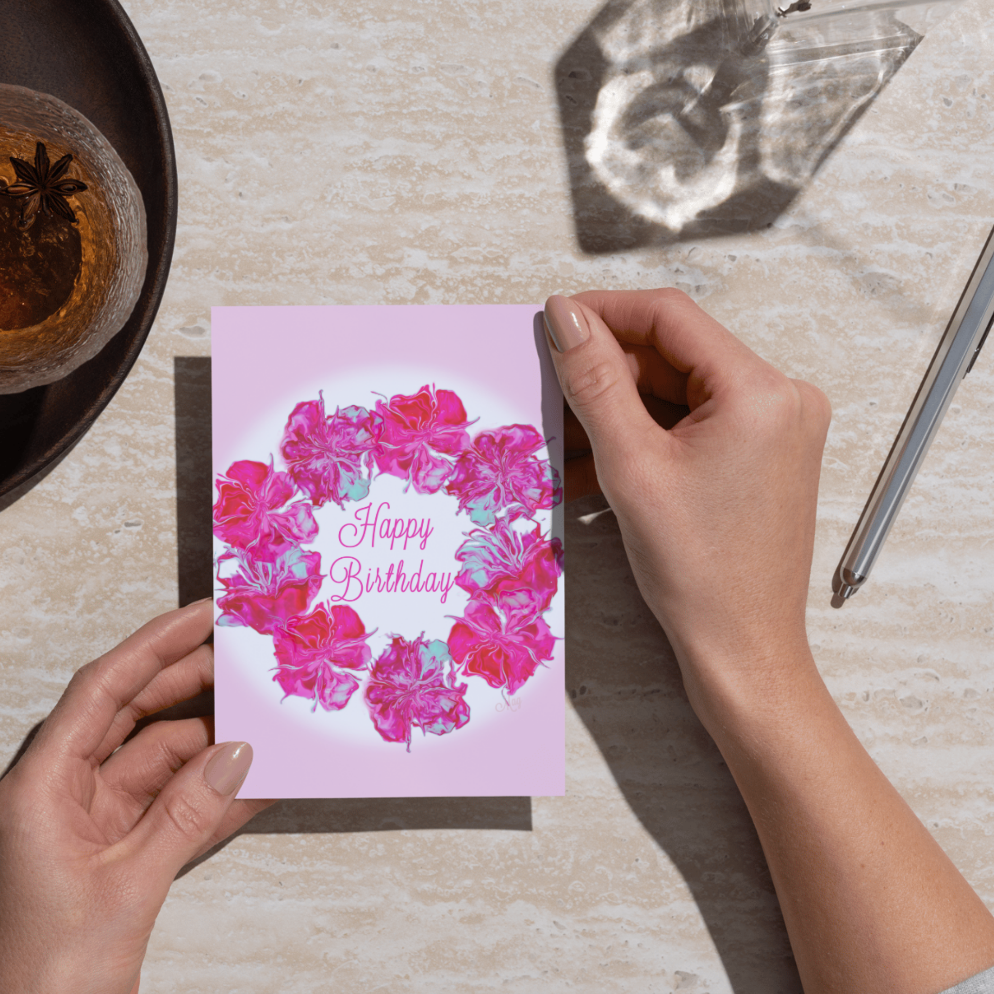 Acrylic Flow Card – Happy Birthday Greeting Card with Floral Ring & Soft Pink Background