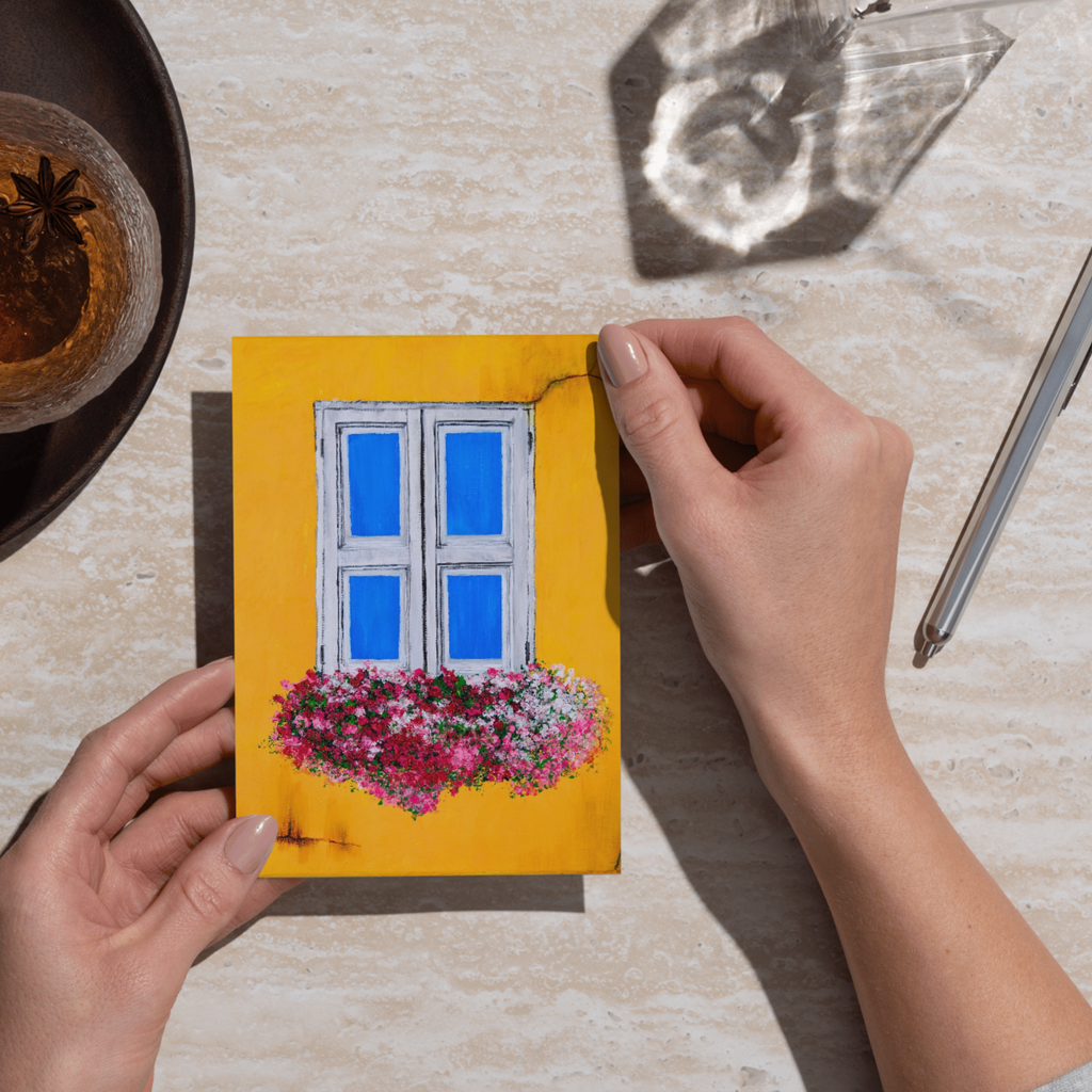 Rustic Window & Flower Box Landscape Card – Acrylic Painting Design