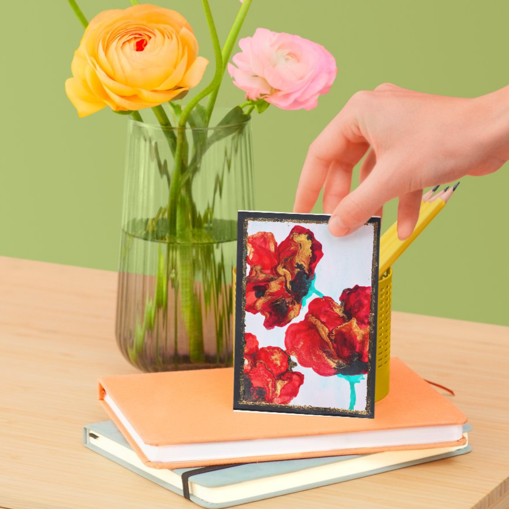 Golden Edge Floral Card – Acrylic Flow Design
