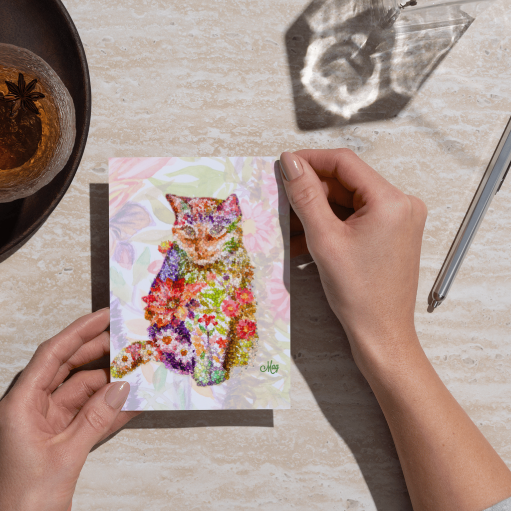 Original Floral Pointillism Inspired Cat Art Card – Vibrant Color