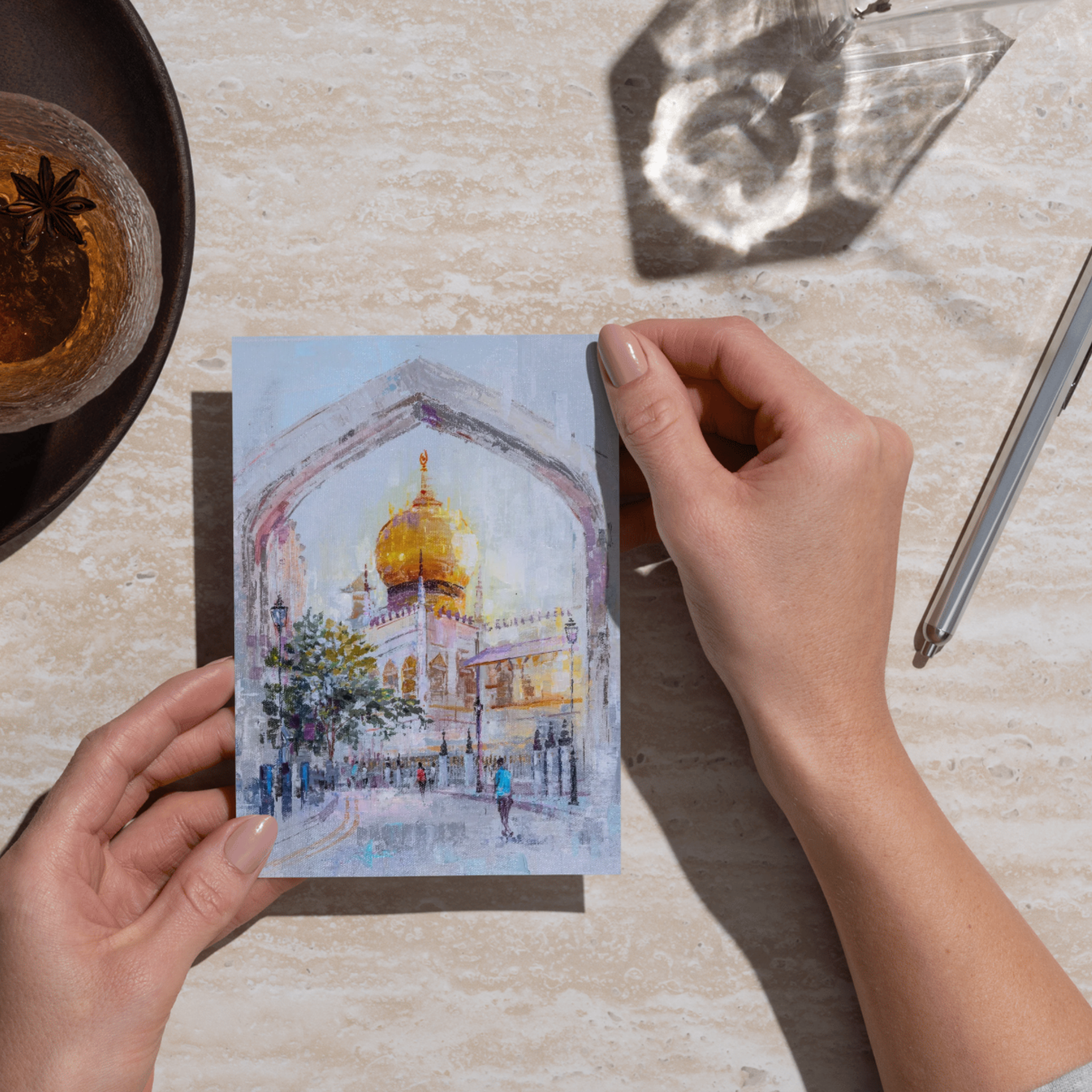 Golden Mosque Singapore Landscape Card – Curated Acrylic Painting Design