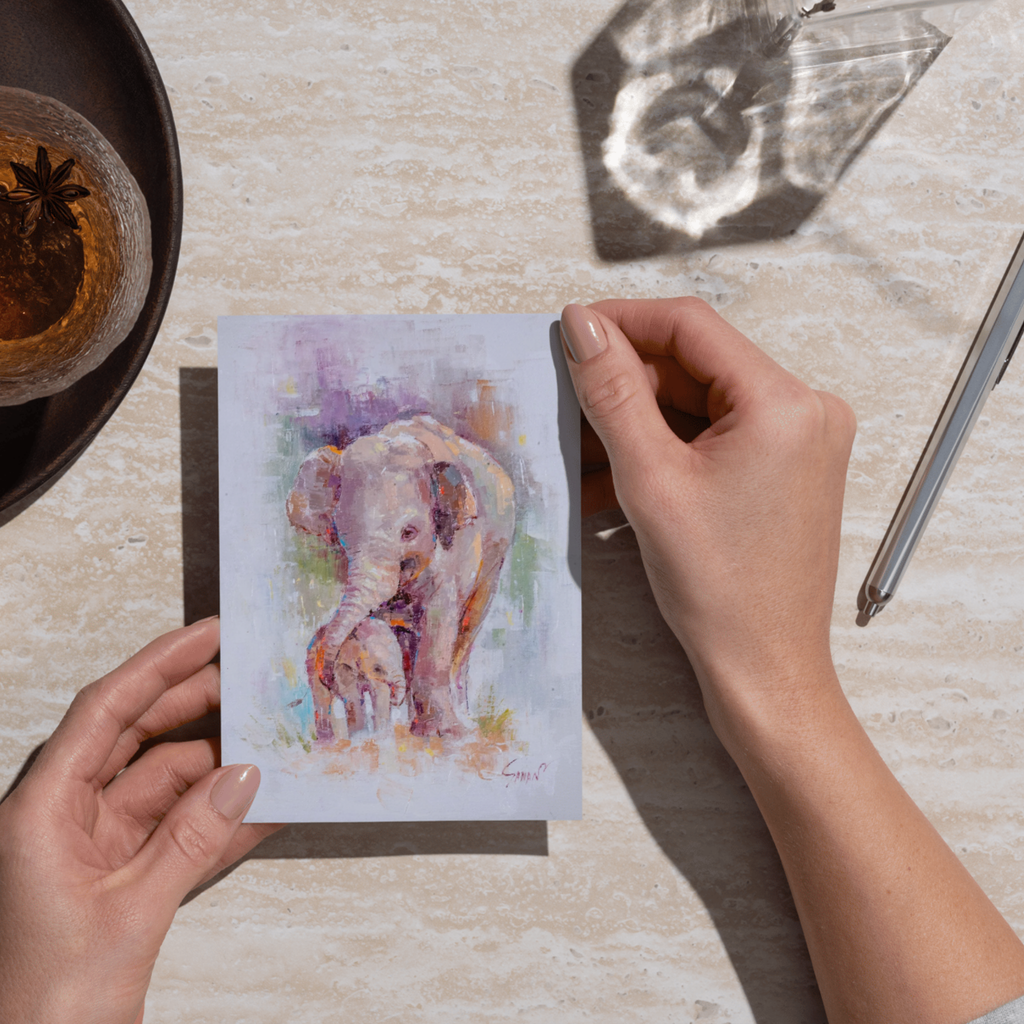 Curated Acrylic Elephant Art Card – Tender Mother & Baby Bond