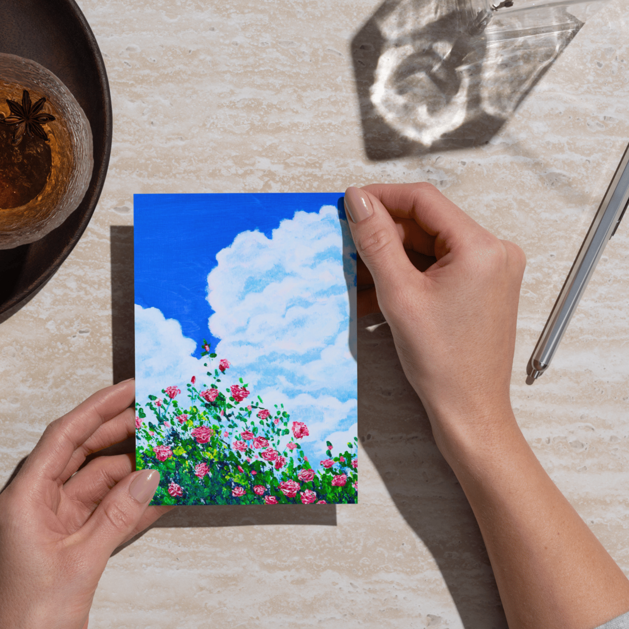 Skyward Roses Floral Card – Acrylic Painting Design