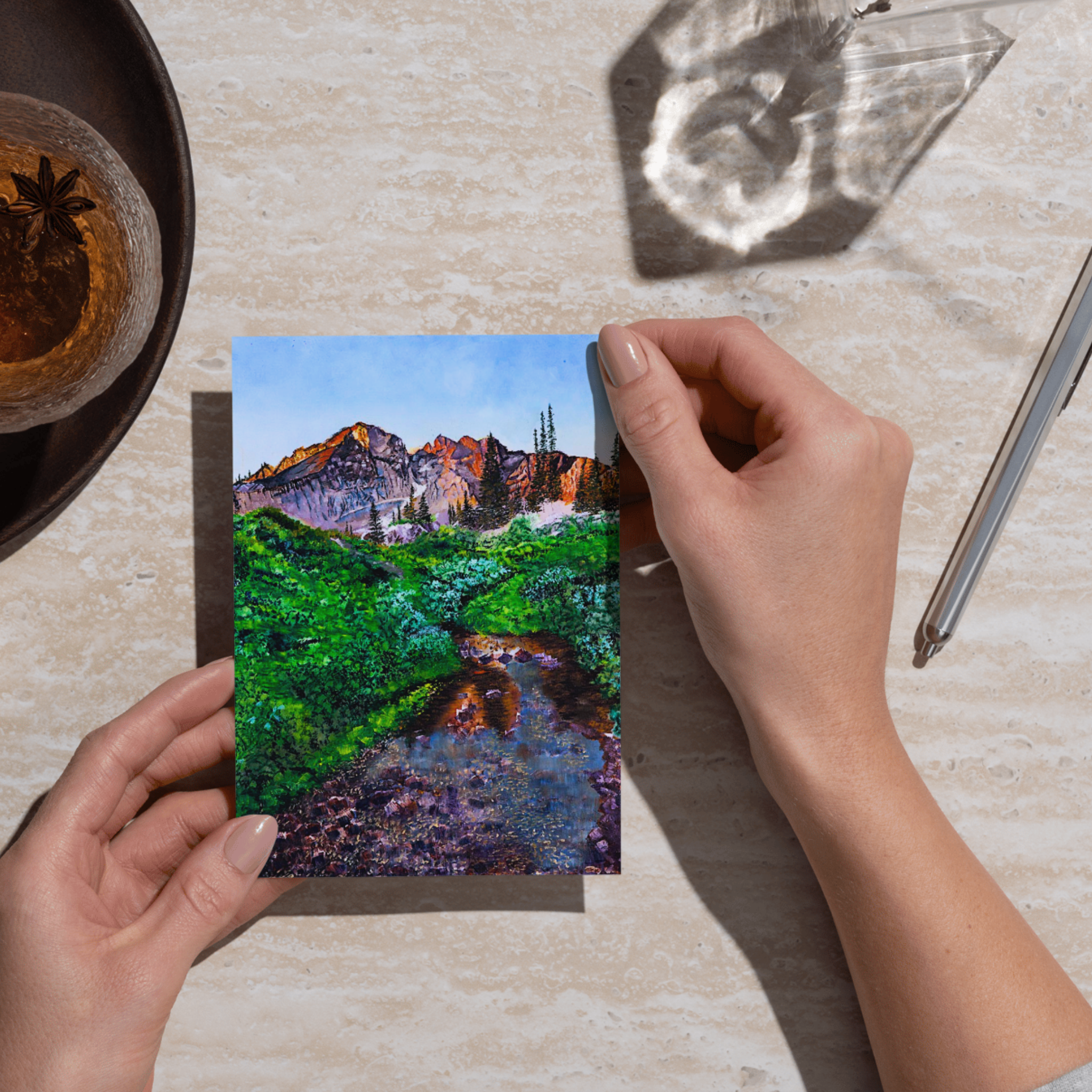 Mountain Stream Landscape Card – Acrylic Painting Design