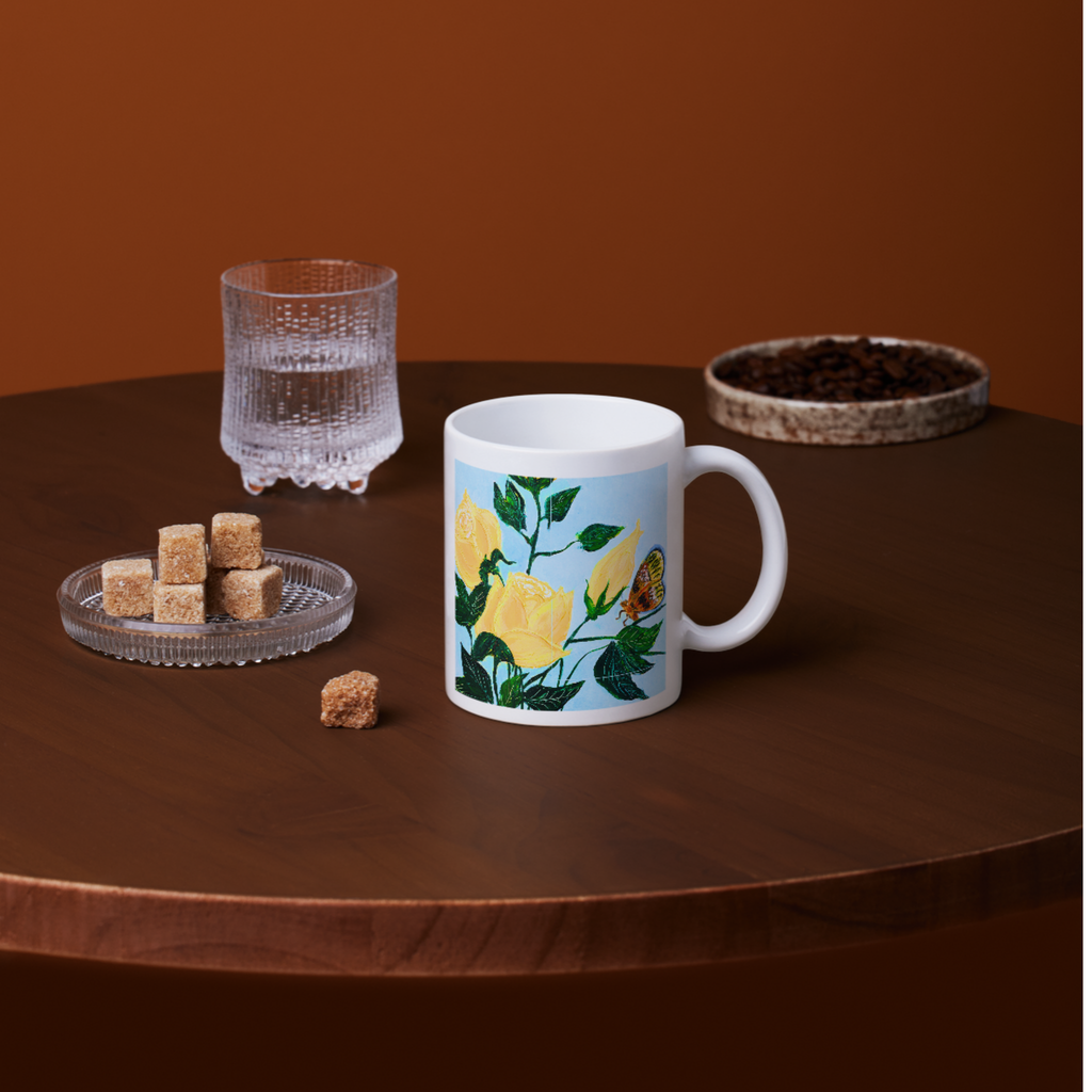 Yellow Roses & Butterfly Mug – Floral Garden Ceramic Coffee Mug