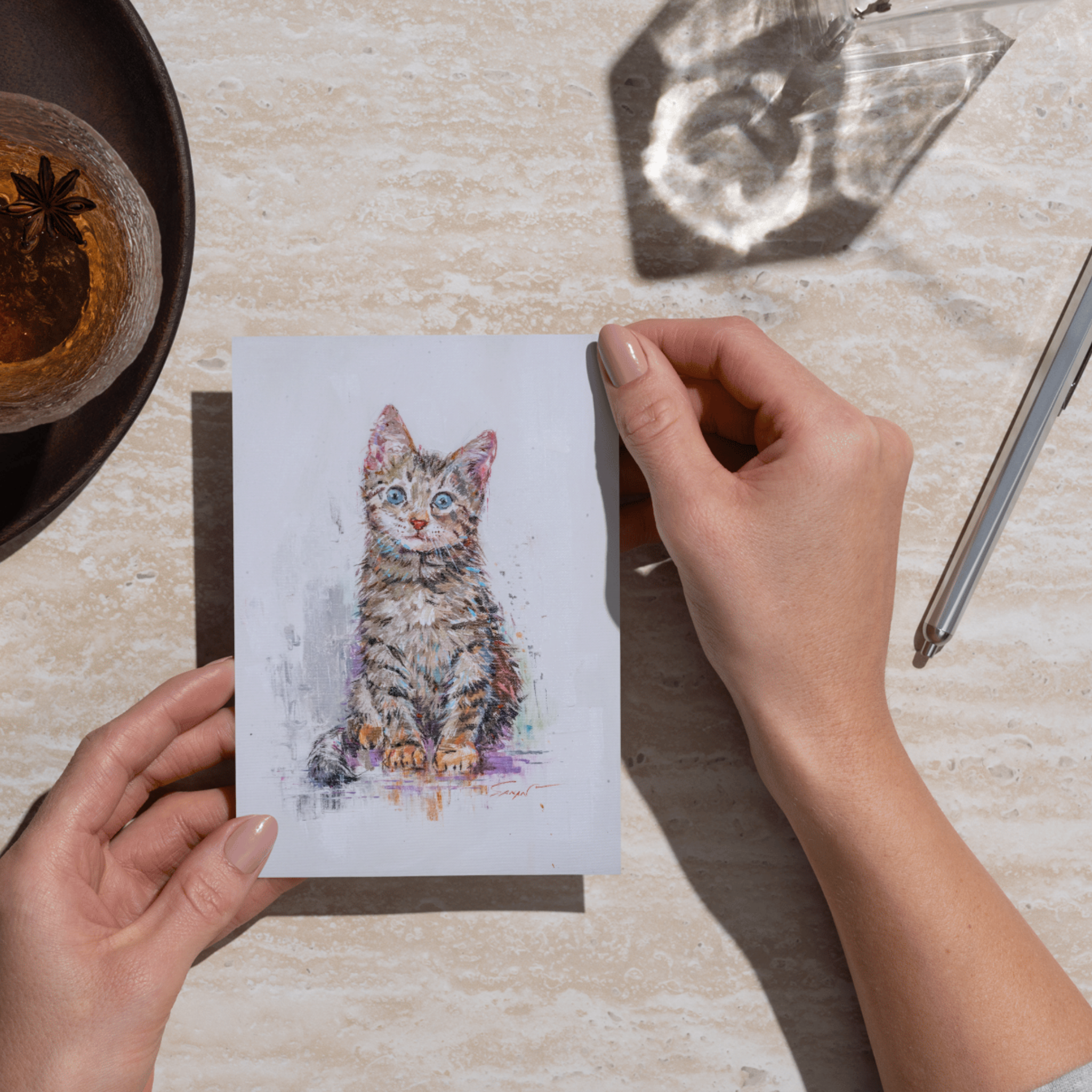 Curated Acrylic Kitten Art Card – Blue‑Eyed Tabby Charm