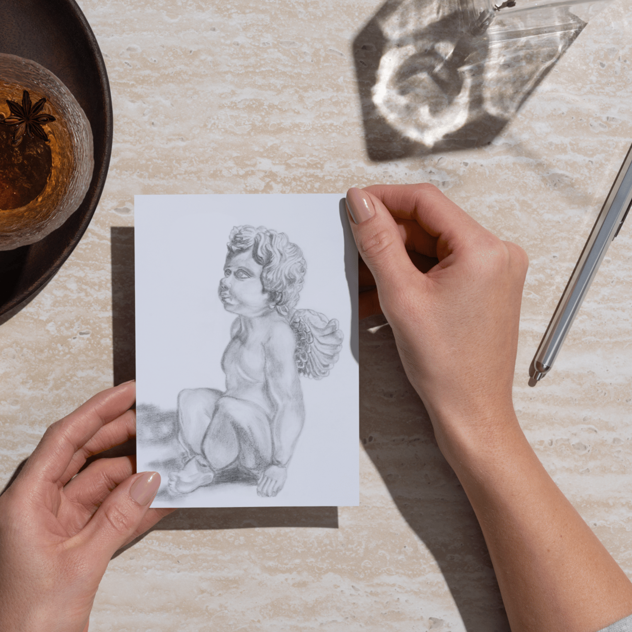 Seated Cherub Angel – Classical Charcoal Drawing Art Greeting Card