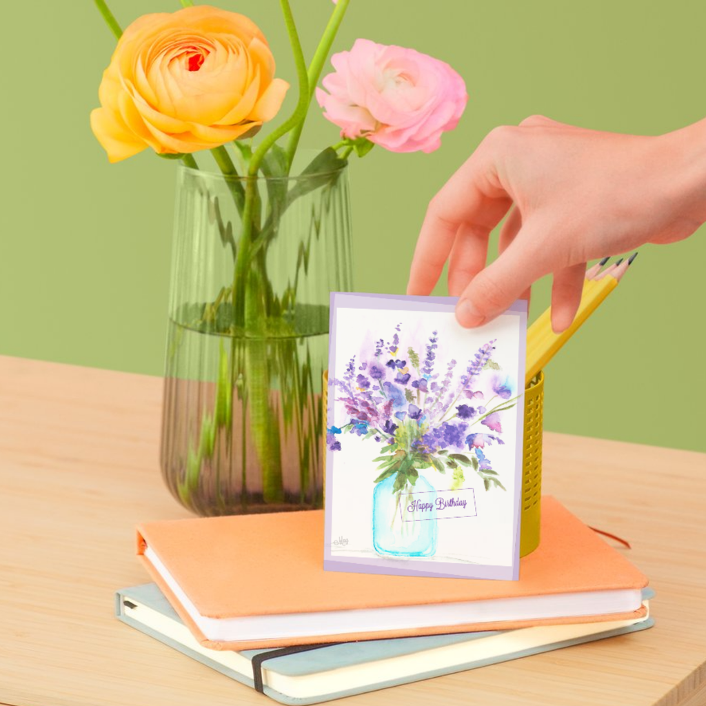 Mason Jar Blooms Card – Happy Birthday Greeting Card with Watercolor Florals & Purple Border