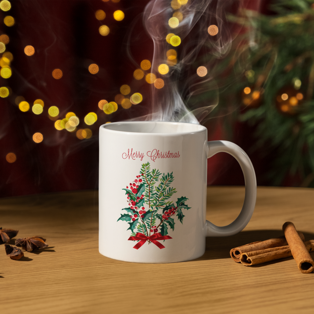 Holly & Berry Bouquet Mug – Traditional Christmas Ceramic Coffee Mug