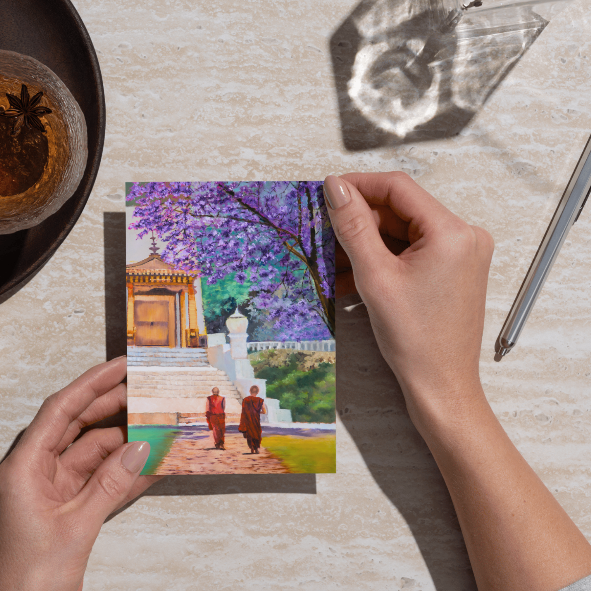 Temple Path Landscape Card – Acrylic Painting Design