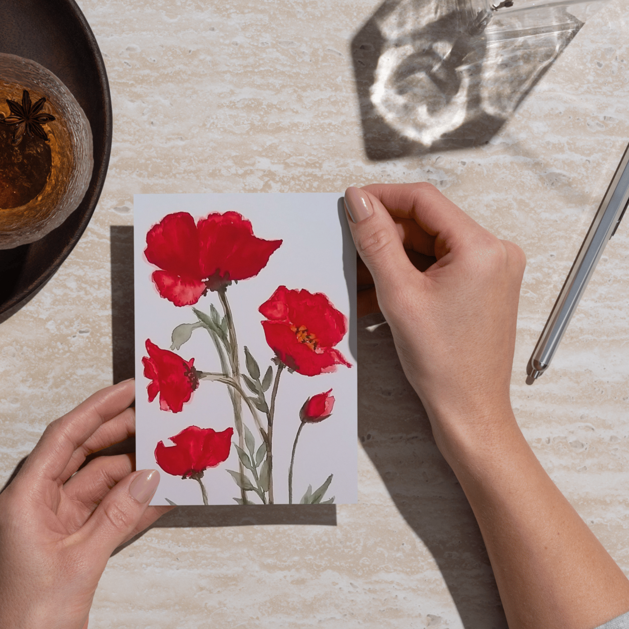 Red Poppies Floral Card – Watercolor Painting Design