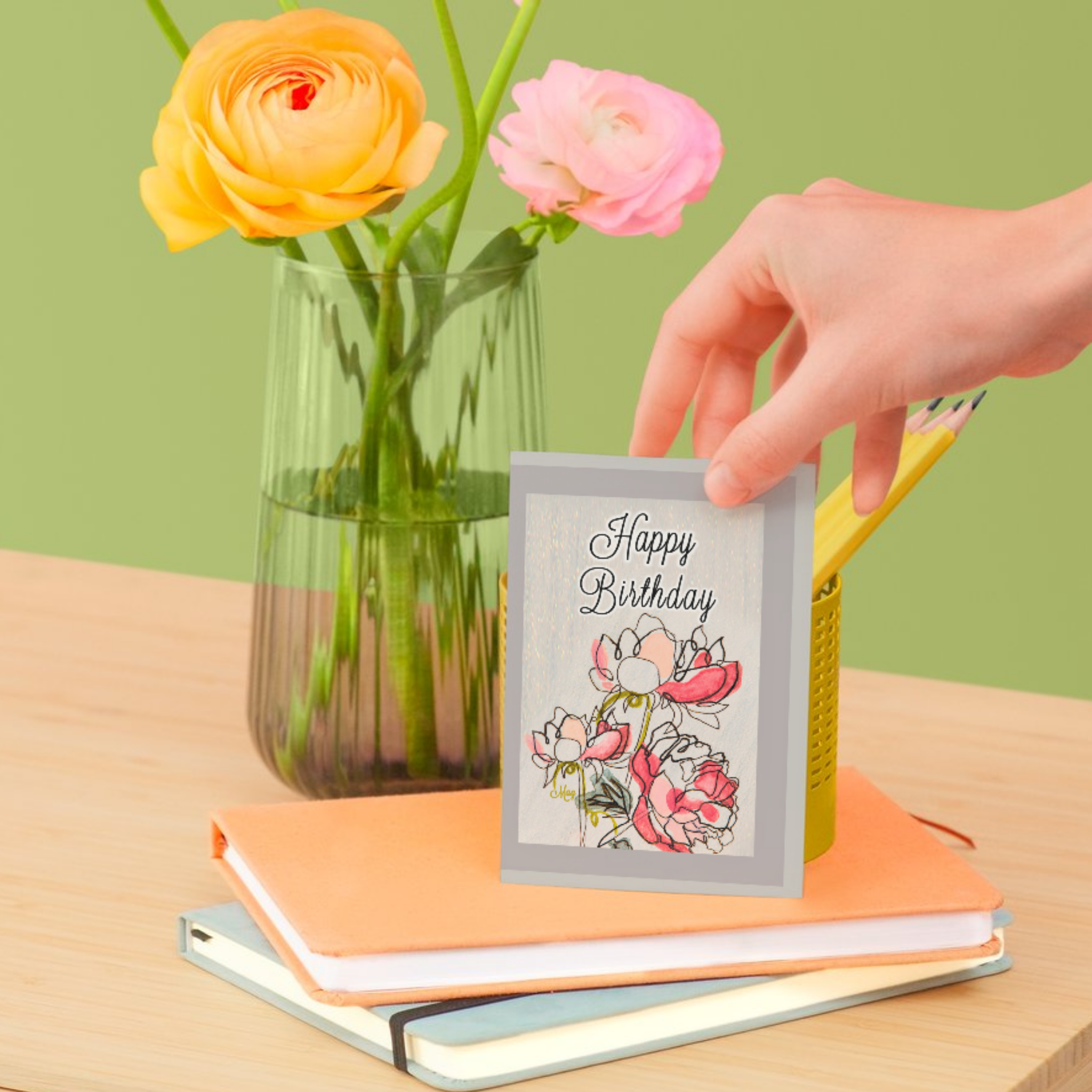 Happy Birthday Greeting Card with Line & Wash Floral Illustration