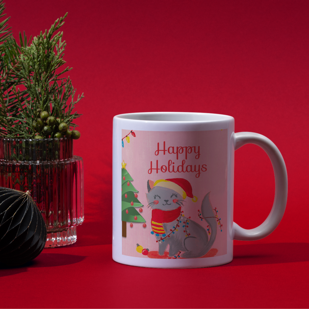 Grey Cat & Fairy Lights Mug – Happy Holidays Cat Ceramic Coffee Mug
