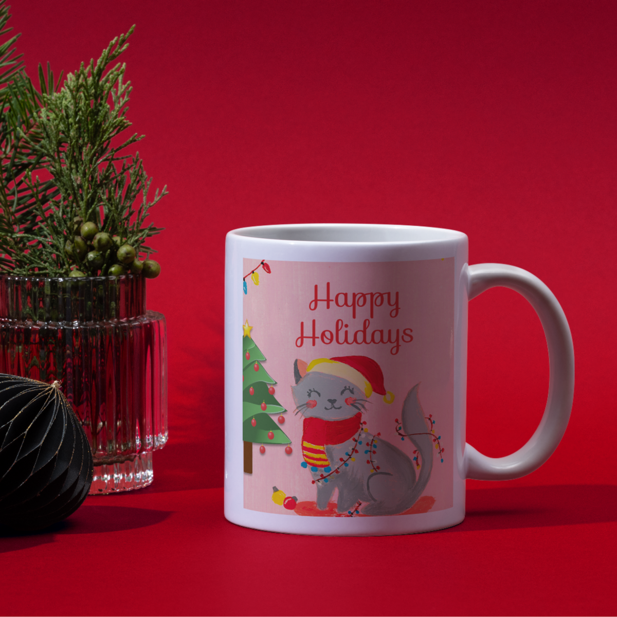 Grey Cat & Fairy Lights Mug – Happy Holidays Cat Ceramic Coffee Mug