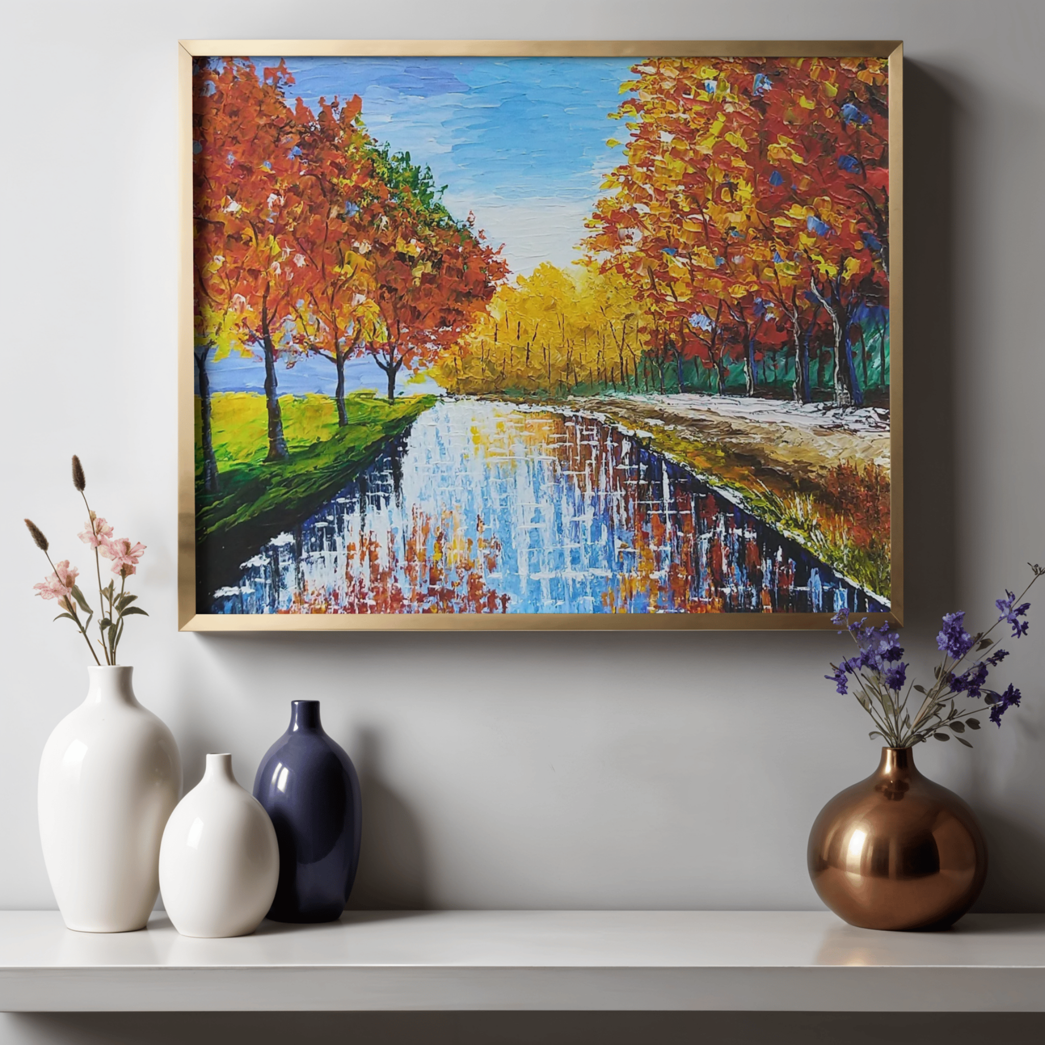 Autumn Trees along the Lake Canvas Print – A3 Fall Landscape Wall Art