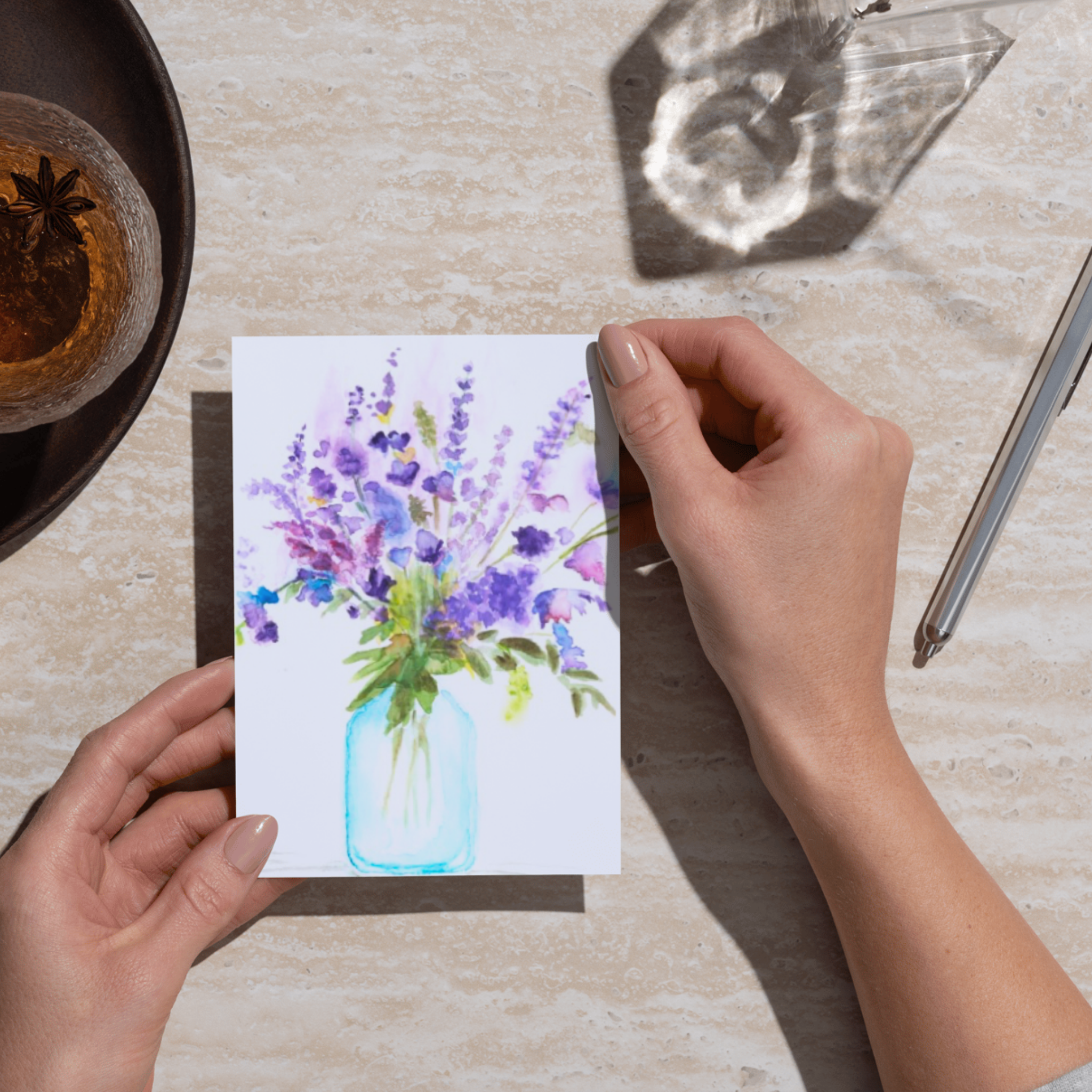 Blue Jar Bouquet Floral Card – Watercolor Painting Design