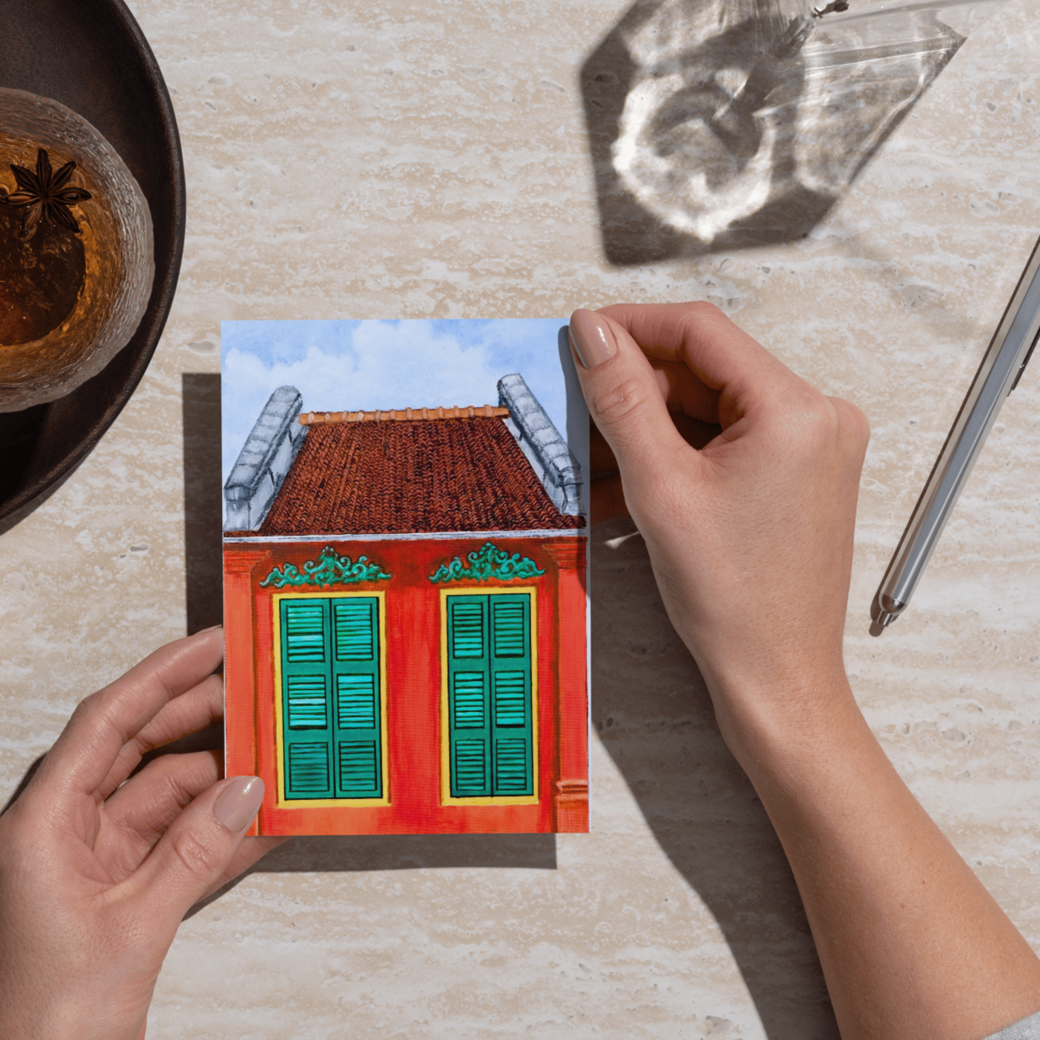 Heritage Shophouse Landscape Card – Acrylic Painting Design