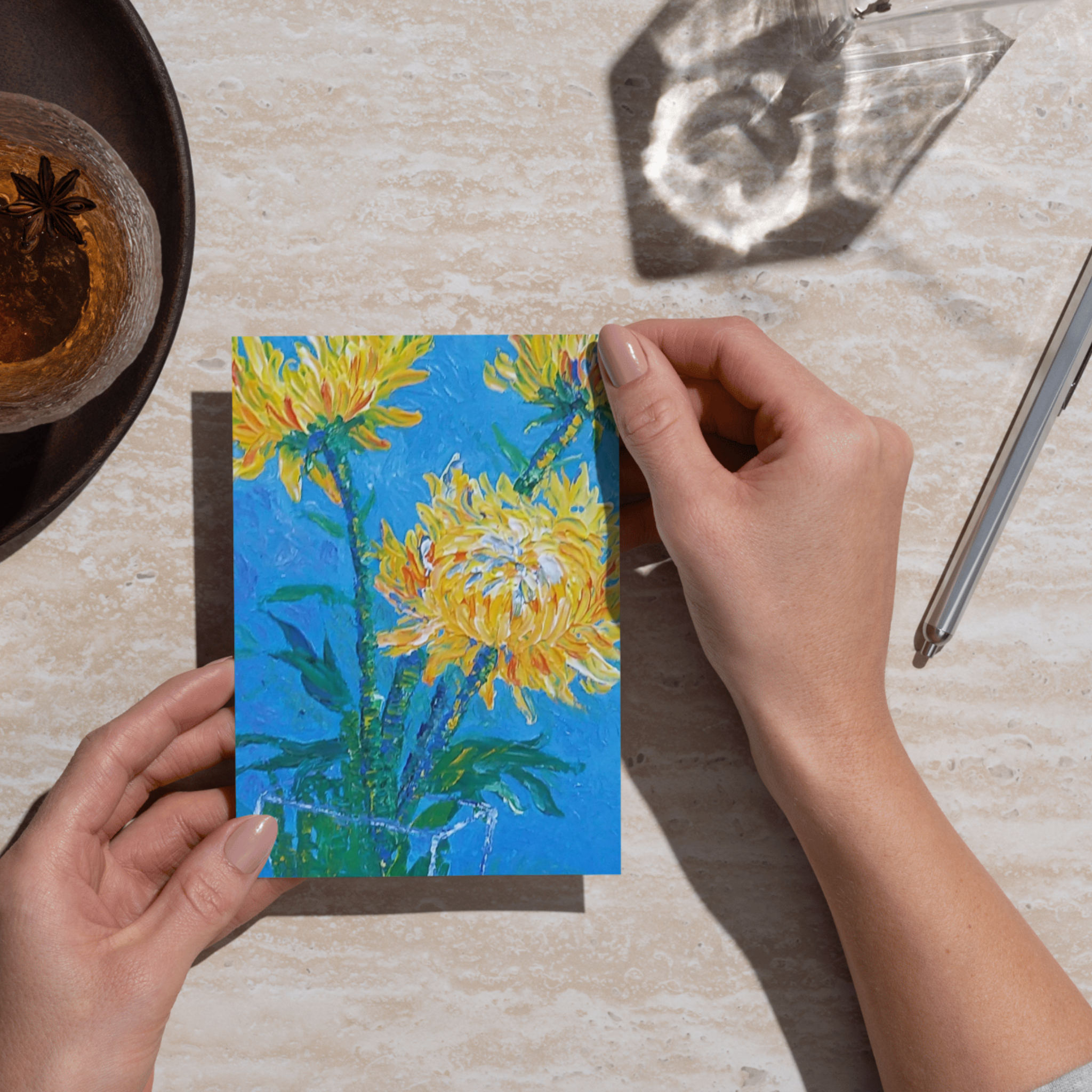 Golden Chrysanthemums in Bloom — Original Acrylic Painting Card | Floral Art Gift